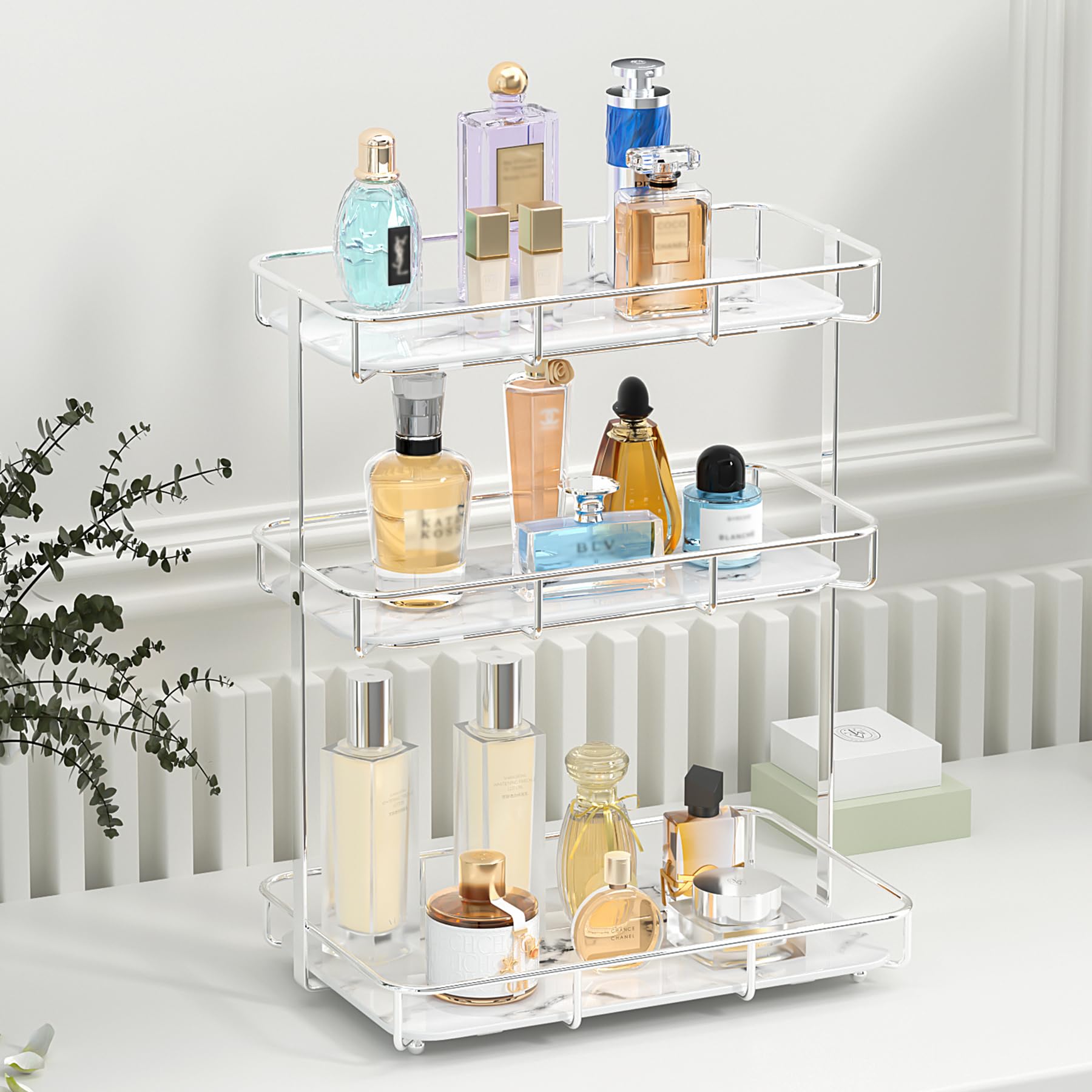 Bathroom Organizer Countertop Perfume Organizer Makeup Organizer Cosmetics Storage Display Rack Vanity Tray Dresser Stainless Steel Gold Shelf White