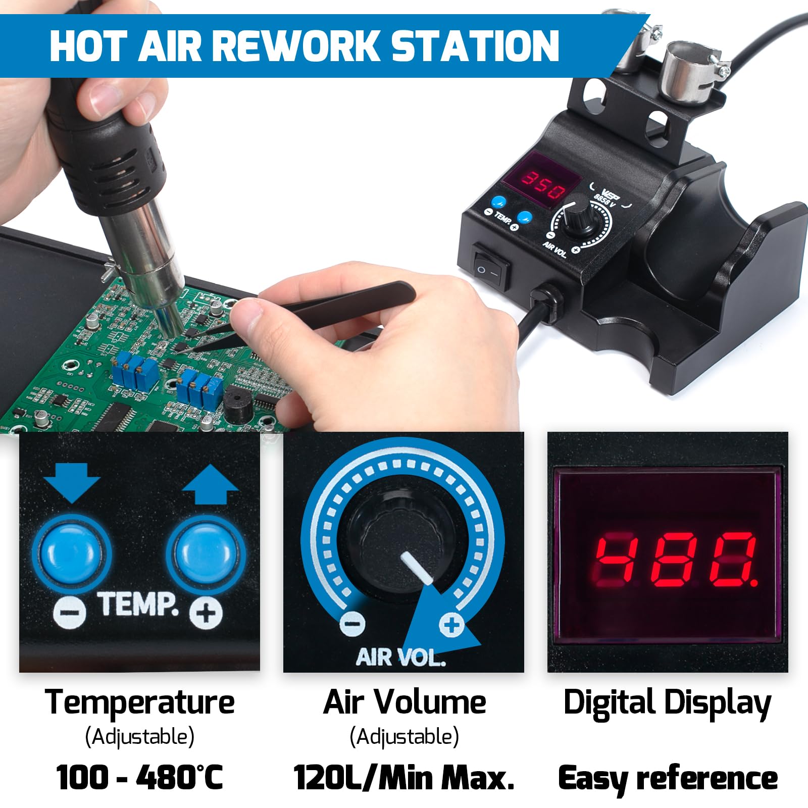 WEP 8858-V Stazione Saldante Aria Calda 3 Ugelli 2 Pinzette Temperatura Regolabile PID EU Plug