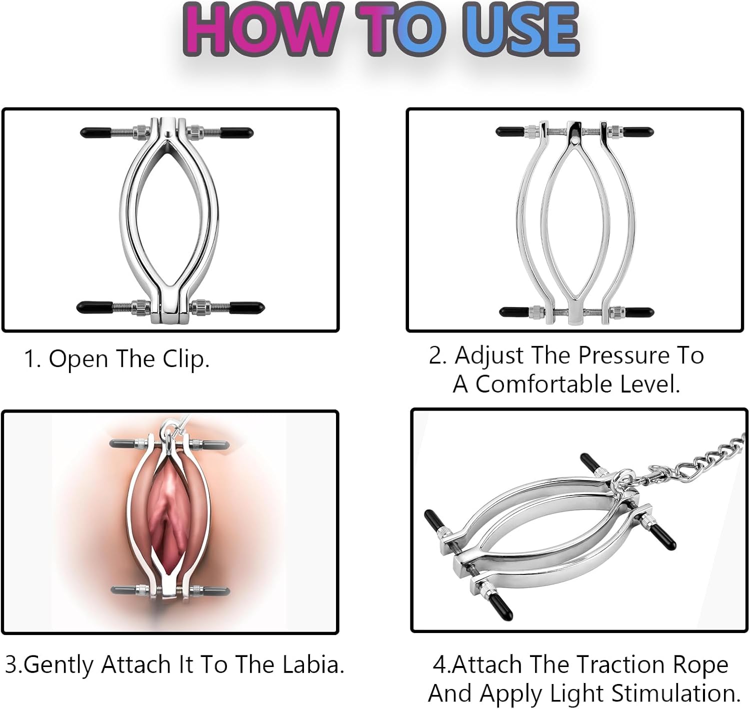 Clit Clamp Pussy Opener BDSM Bondage Restraint G Spot Massage Stainless Steel Adjustable Labia Clamps with Leash for Women and Couples