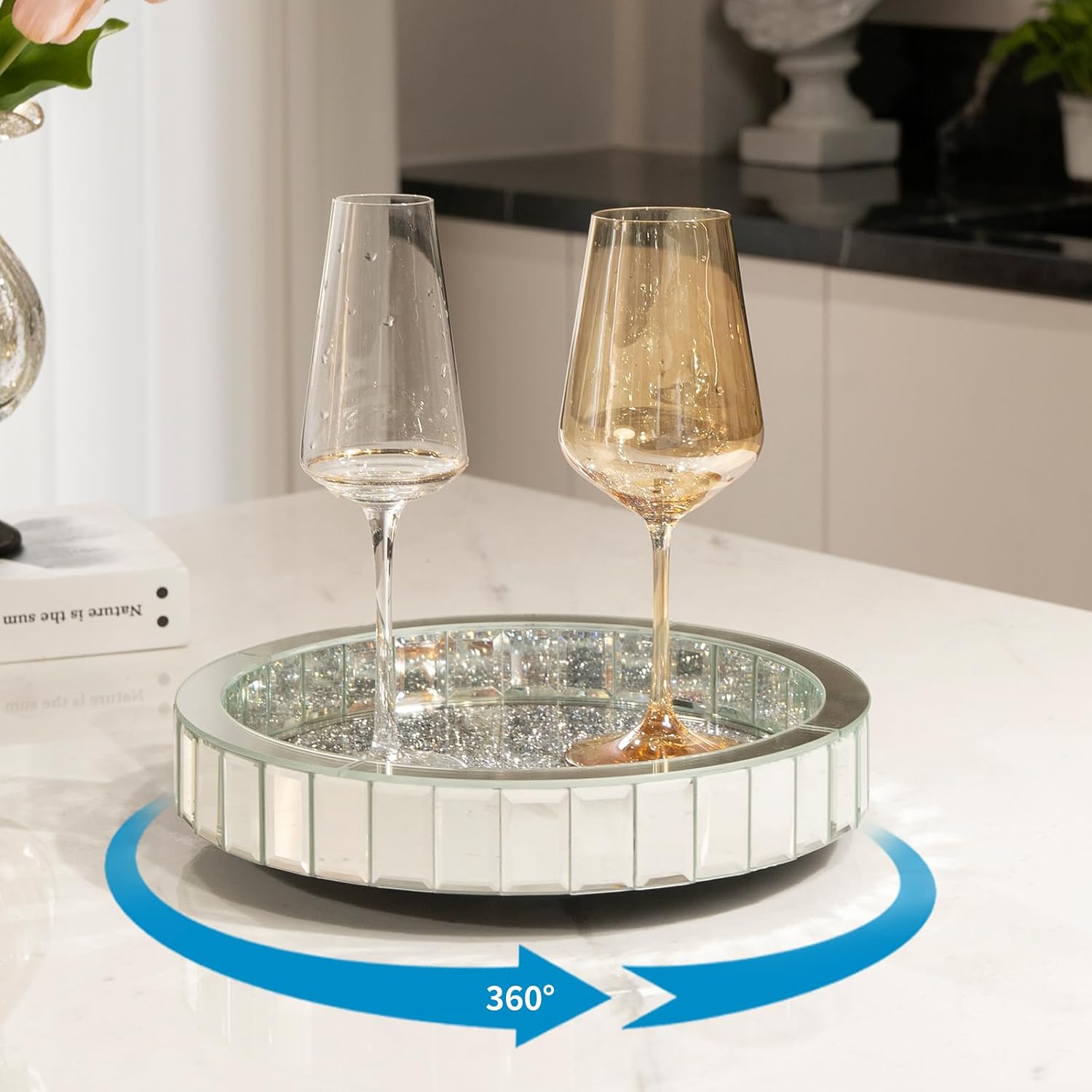 12in Round Rotating Organizer Tray,Silver Mirror Glass Coffee Table Tray,Table Centerpieces Decorative Trays for Home Decor,Living Room, Modern Decorative Trays, Centerpiece Trays - Image 3