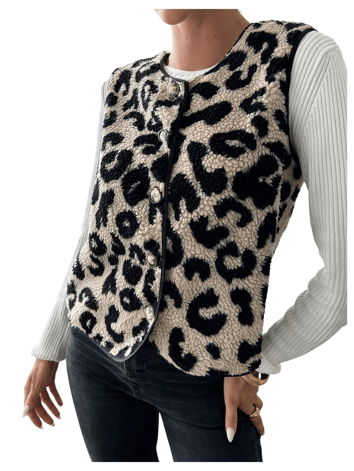 GORGLITTER Gilet sans manches pour femme - Léger - Léo - Veste en polaire - Avec boutons - Pour l'automne et l'hiver