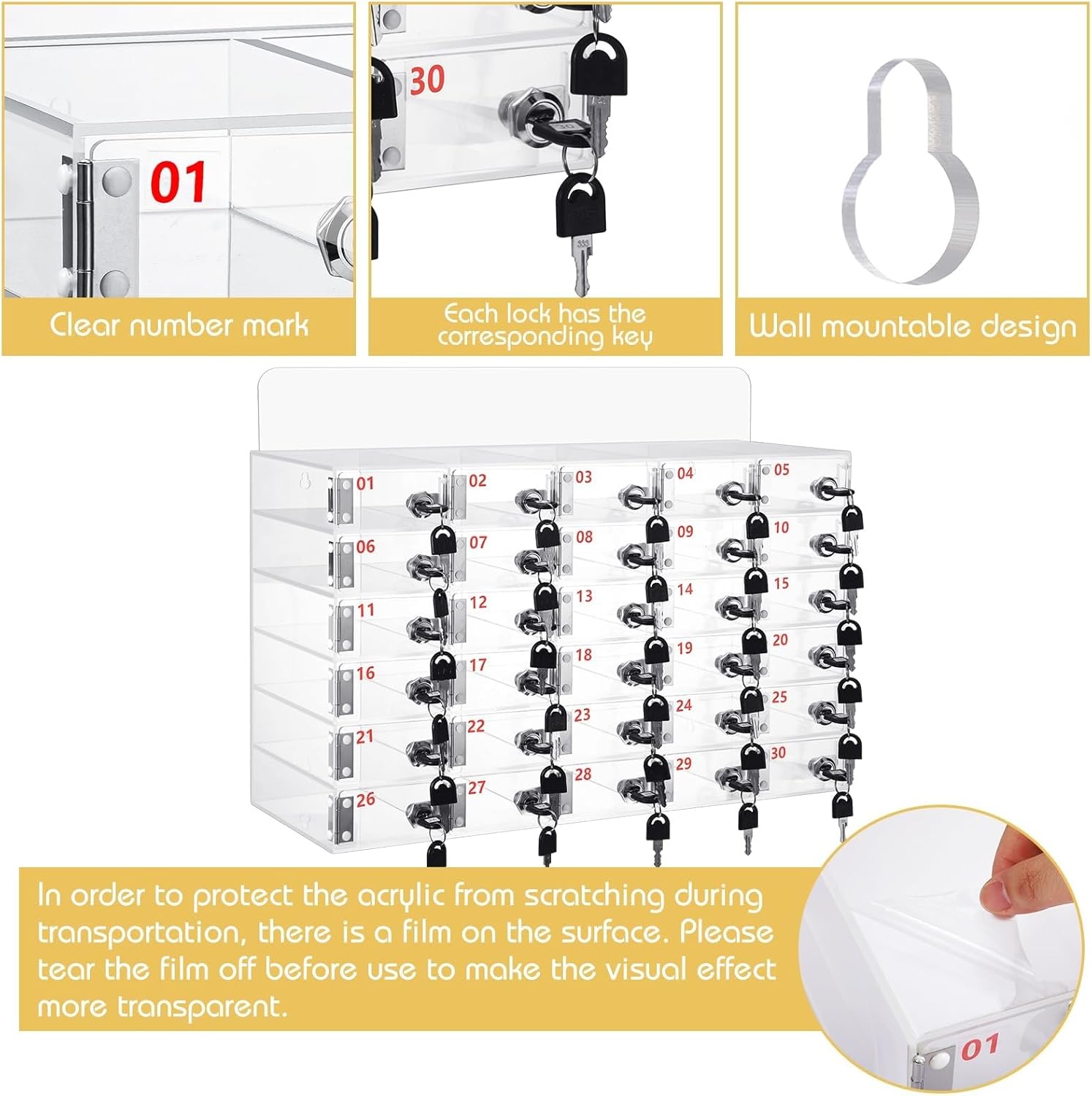 Acrylic Cell Phone Storage Locker Box, 30 Slots Wall-Mounted Safe Deposit for Office, School, Classroom & Factory - Clear Phone Cabinet with Keys, Secure Organization Solution