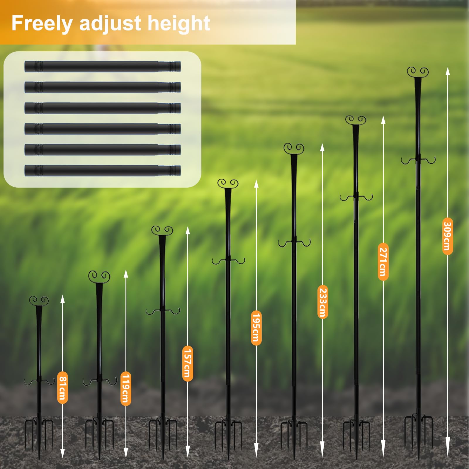 4 postes de luz festoon, postes de bandera de hierro resistente de 10 pies para jardín con tenedor y 2 ganchos, poste de altura ajustable para exteriores, jardín, patio, terraza, patio, patio