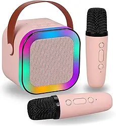 Karaoke Infantil Portátil com 2 Microfones Recarregável e Modos de Voz Divertidos - Diversão Musical para Crianças! (Rosa)