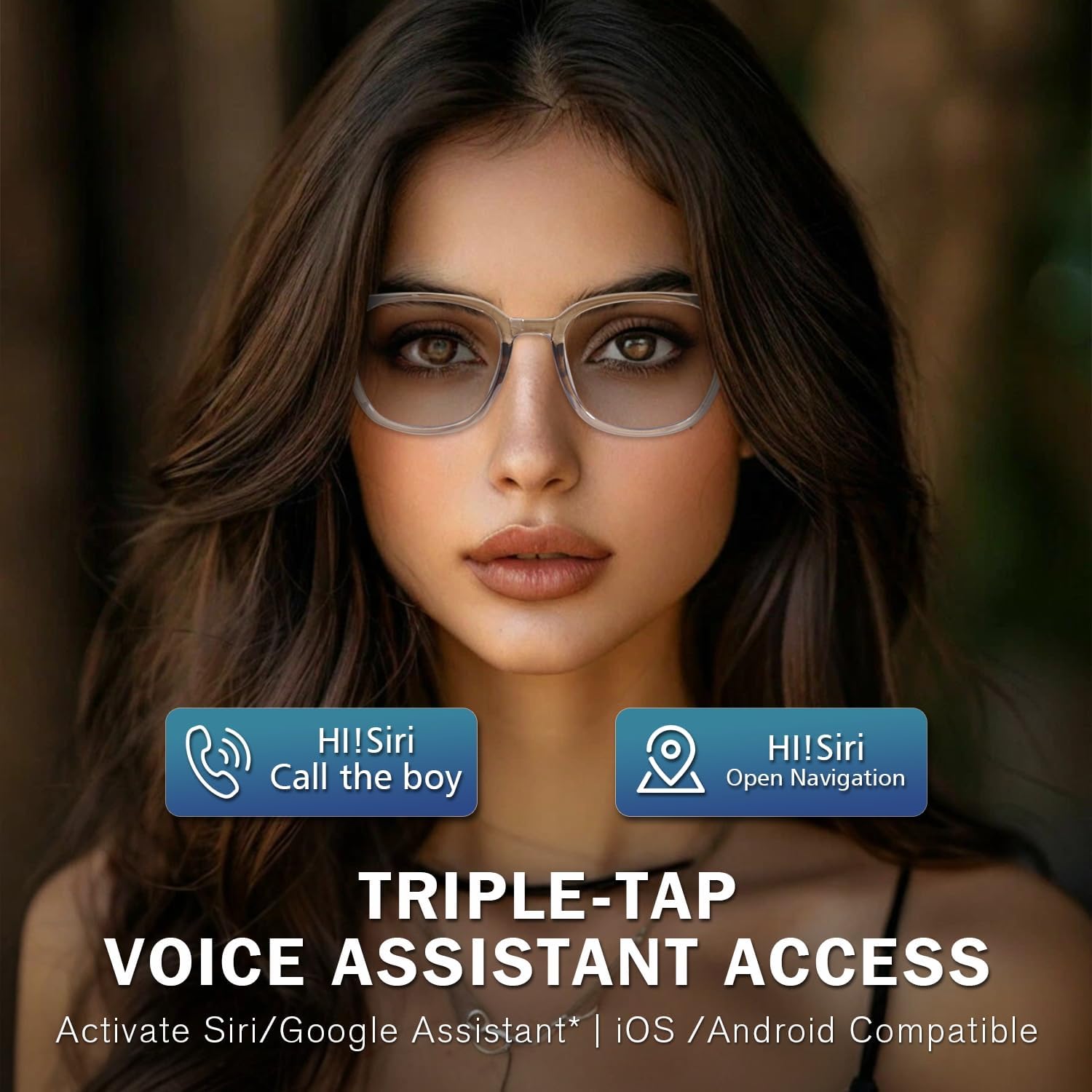 Image showing the adaptive lens technology of the smart glasses, with lenses transitioning from clear to dark based on UV intensity (UV value 3, 6, 9+).