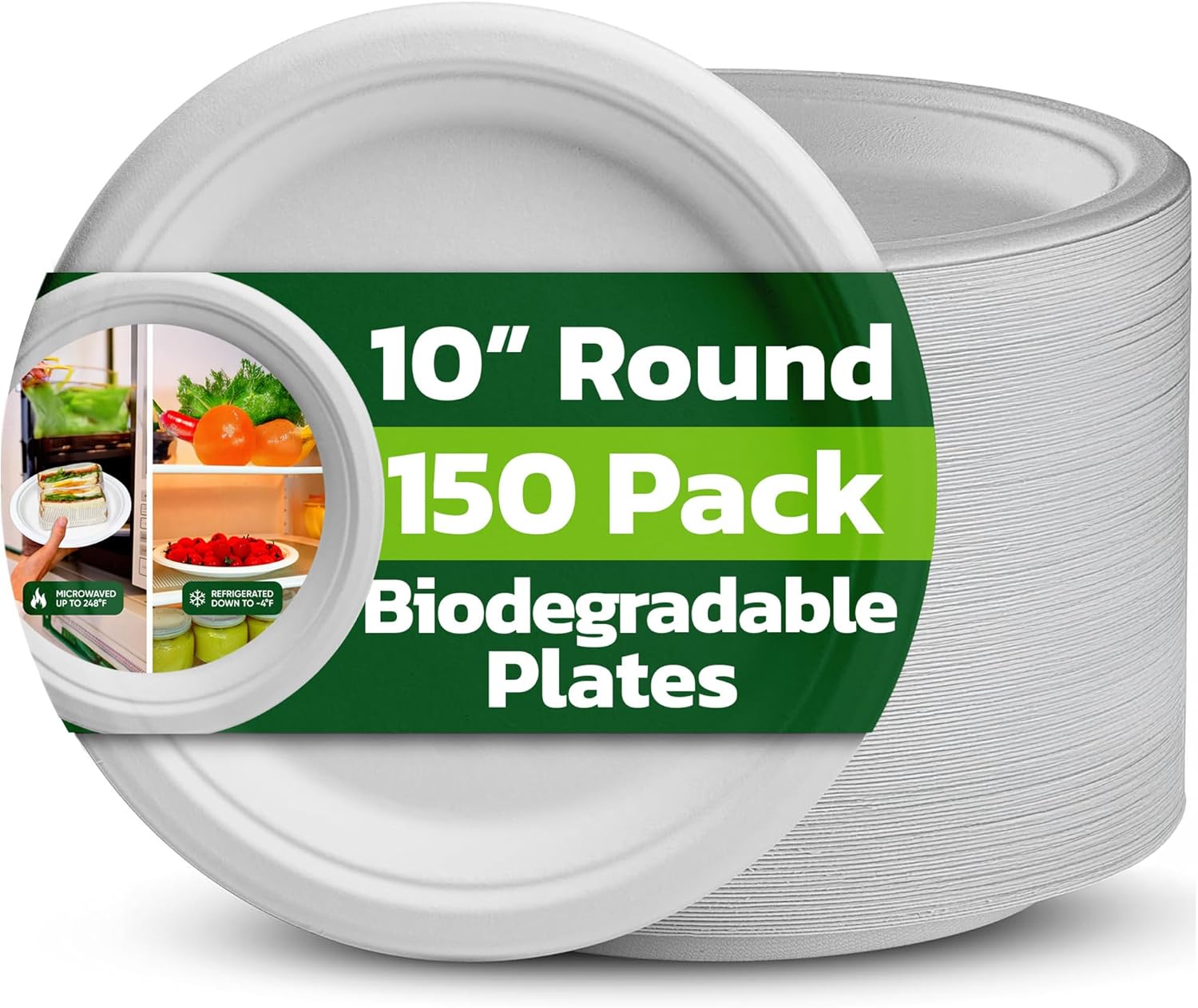 100% Compostable 10 Inch Strong Disposable Paper Plates – 150 Pack Heavy-Duty Eco-Friendly Biodegradable White Natural Bagasse Plates for Party Christmas Picnic Home Office