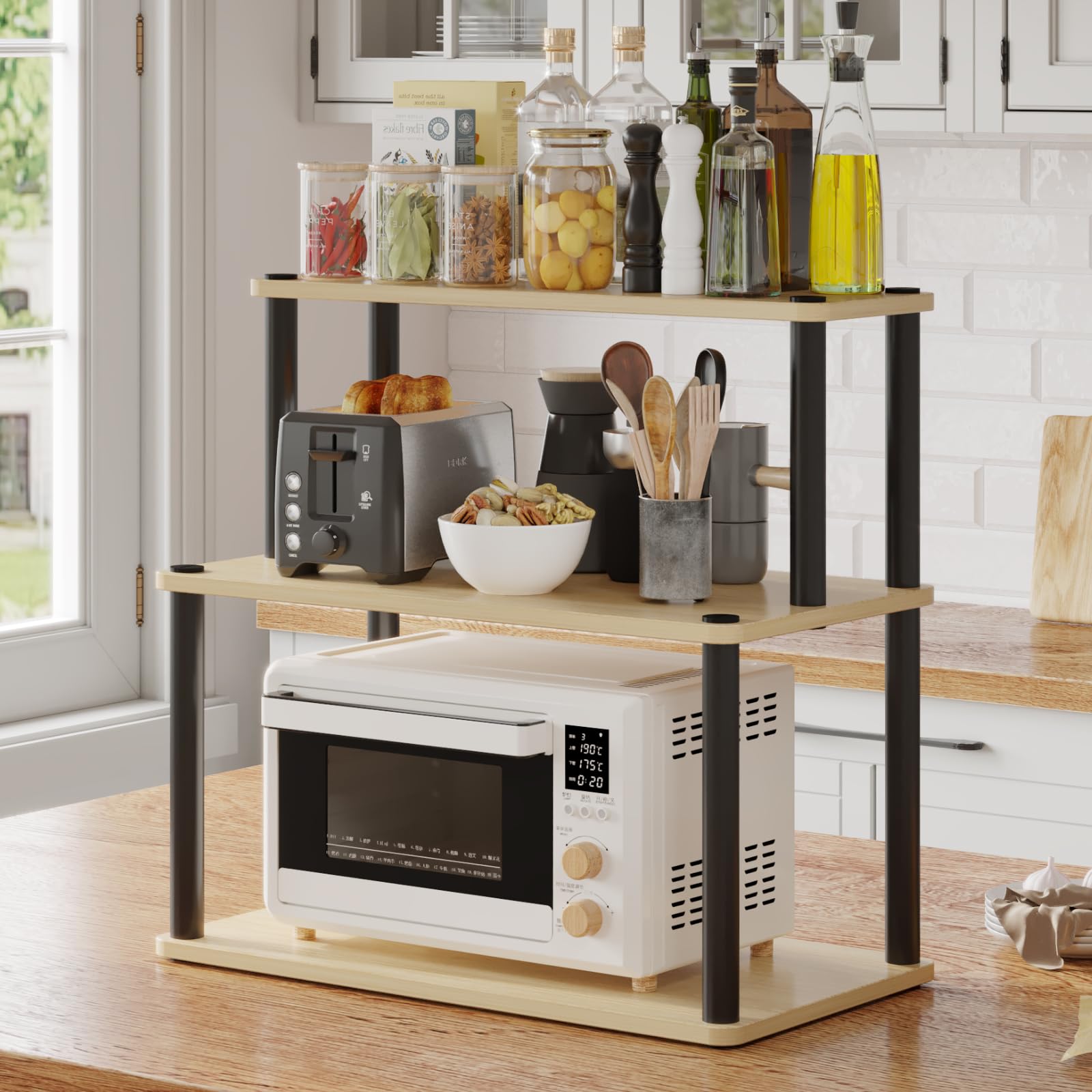 Amazon Brand - Solimo 3-Tier Kitchen Counter Organizer Rack, Wooden Microwave Oven Stand, Standing Shelf Storage Units, Multipurpose Storage Shelf for Kitchen Appliances, Spice Jars Utensils Toaster-image-31