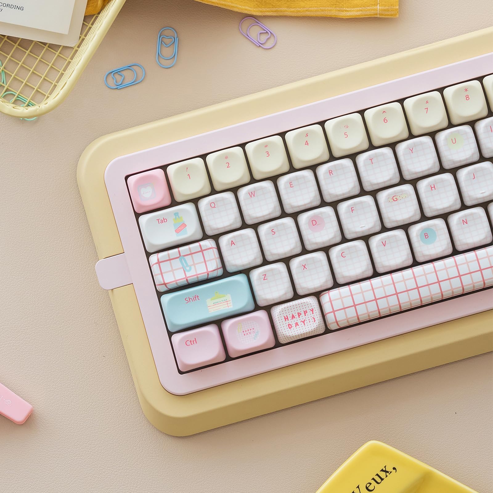 MOA Profile PBT Keycaps, Cute White Round Keycap Set, 152 Keys Yellow Pink Keyboard Cap, Colorful Summer Dye-Sublimation Custom Key Cap for 61/64/68/84/87/100/104/108 Cherry MX Mechanical Keyboards Yellow Summer Diary