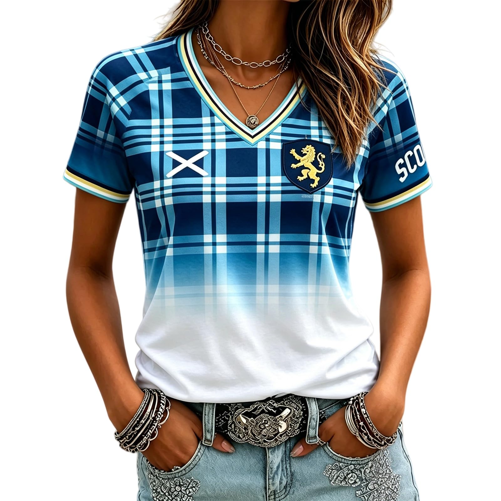 Scotland Football Shirt Womens World Cup 2026 Short Sleeve Jersey Retro Graphic Printed V-Neck England Football Fan Top Ladies Scotland T-Shirt Lightweight Breathable Summer Training Sports Clothing