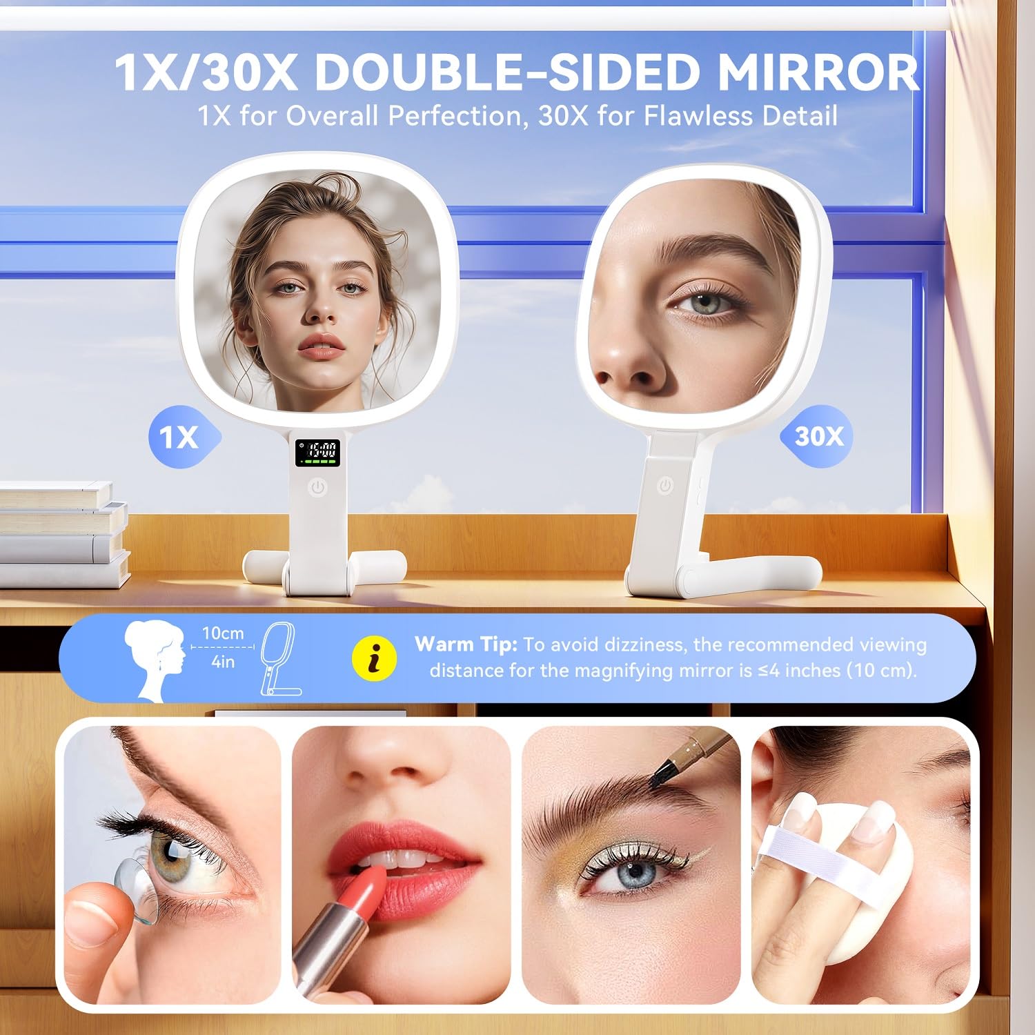 Condition photo showing New/Like New for auxmir 30x/1x travel makeup mirror with lights, led display, 3 color modes | led display shows time, battery level and brightness, 3-color dimmable, tabletop/handheld/hanging use, 2500mah rechargeable