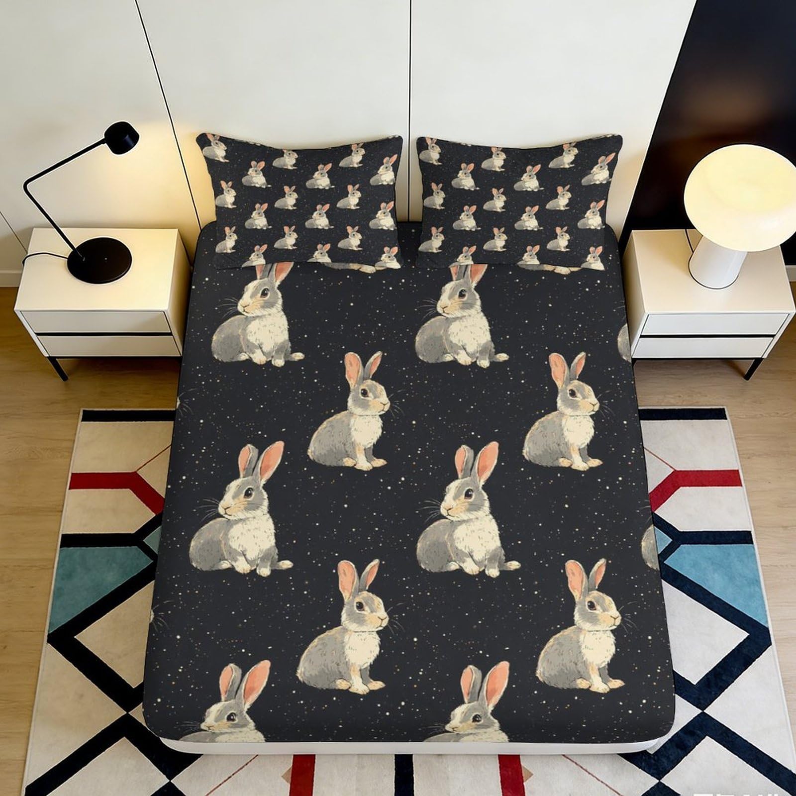 3D Printed Cute Bunny Fitted Sheet Microfiber Non-Slip Deep Pocket Rabbit Mattress Fitted Cover Bedroom Bedding 90x200x25cm