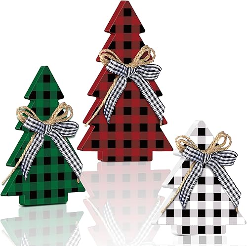 Miniatura 7 de Decoración navideña de 3 piezas, mesa de madera rústica, árbol de Navidad, centro de mesa de Navidad de madera para mesa pequeña, árboles de