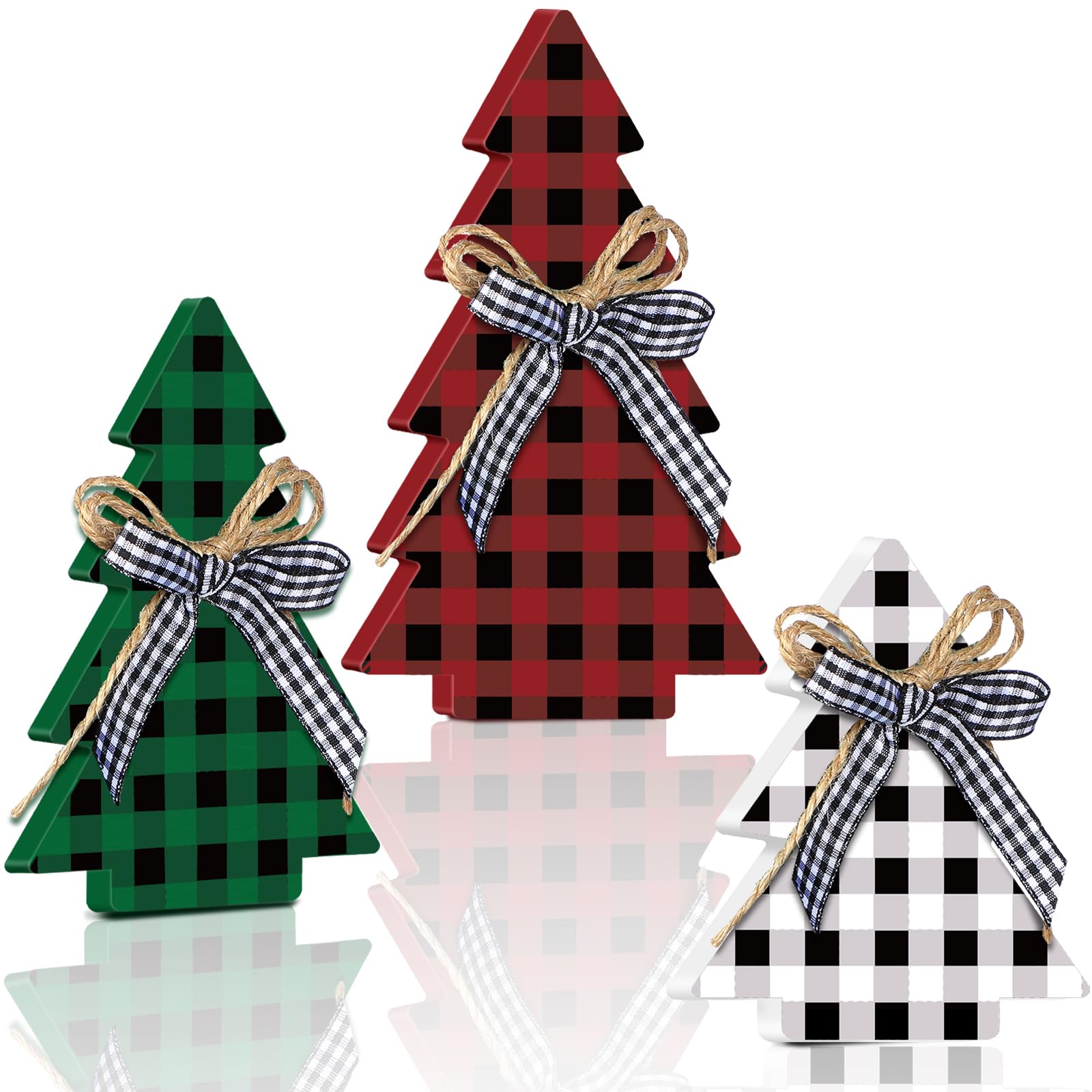 Christmas Decor 3 Pieces Wood Table Rustic Christmas Tree Farmhouse Wooden Xmas Centerpiece for Small Table Xmas Trees Tiered Tray Decoration(Buffalo Plaid Style)