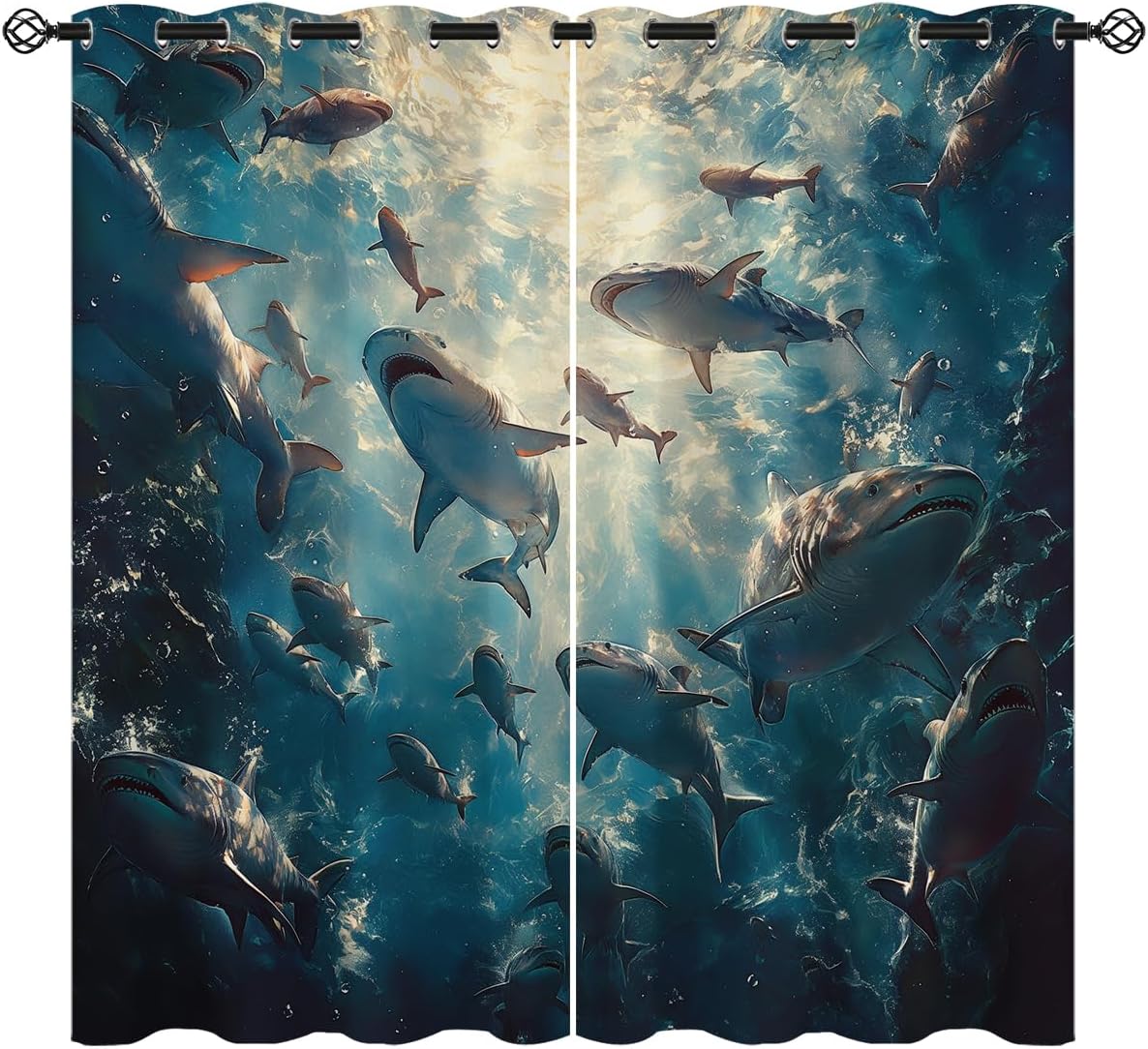 Underwater Shark Blackout Curtains for Girls Boy Home Decor, Ocean Blue Sea Fish Animal Grommet Thermal Insulated Drapes Darkening Window Curtain for Bedroom Living Room, 42 x 63 Inch