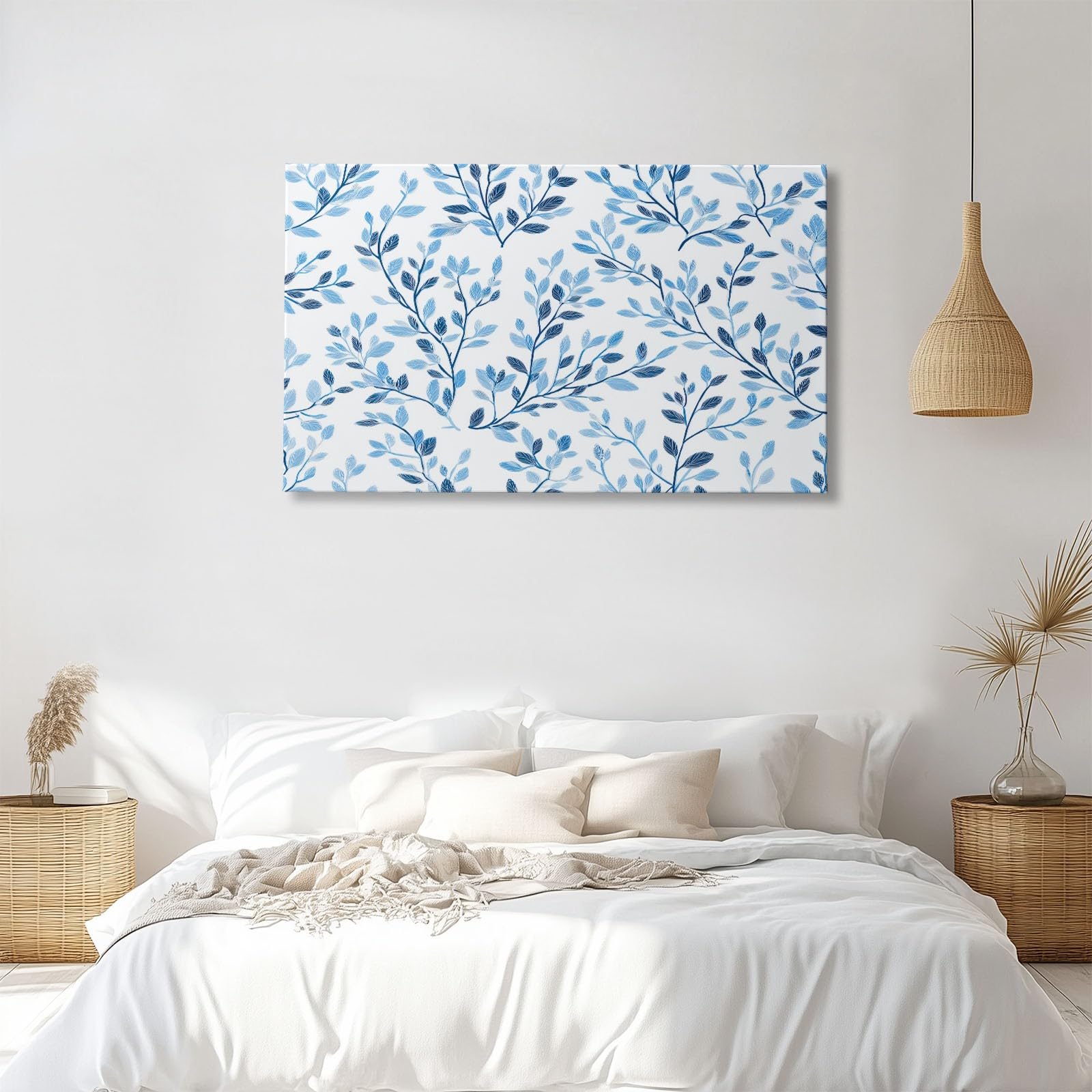 Generisch Aquarell Pflanzen Blau Zweige Blätter Modernes Leinwandbild 140L x 70B cm mit Rahmen, Skandinavisch XXL Wanddeko für Wohnzimmer Geschenk Idee Einzug - Hochwertiger Kunstdruck auf Holzrahmen