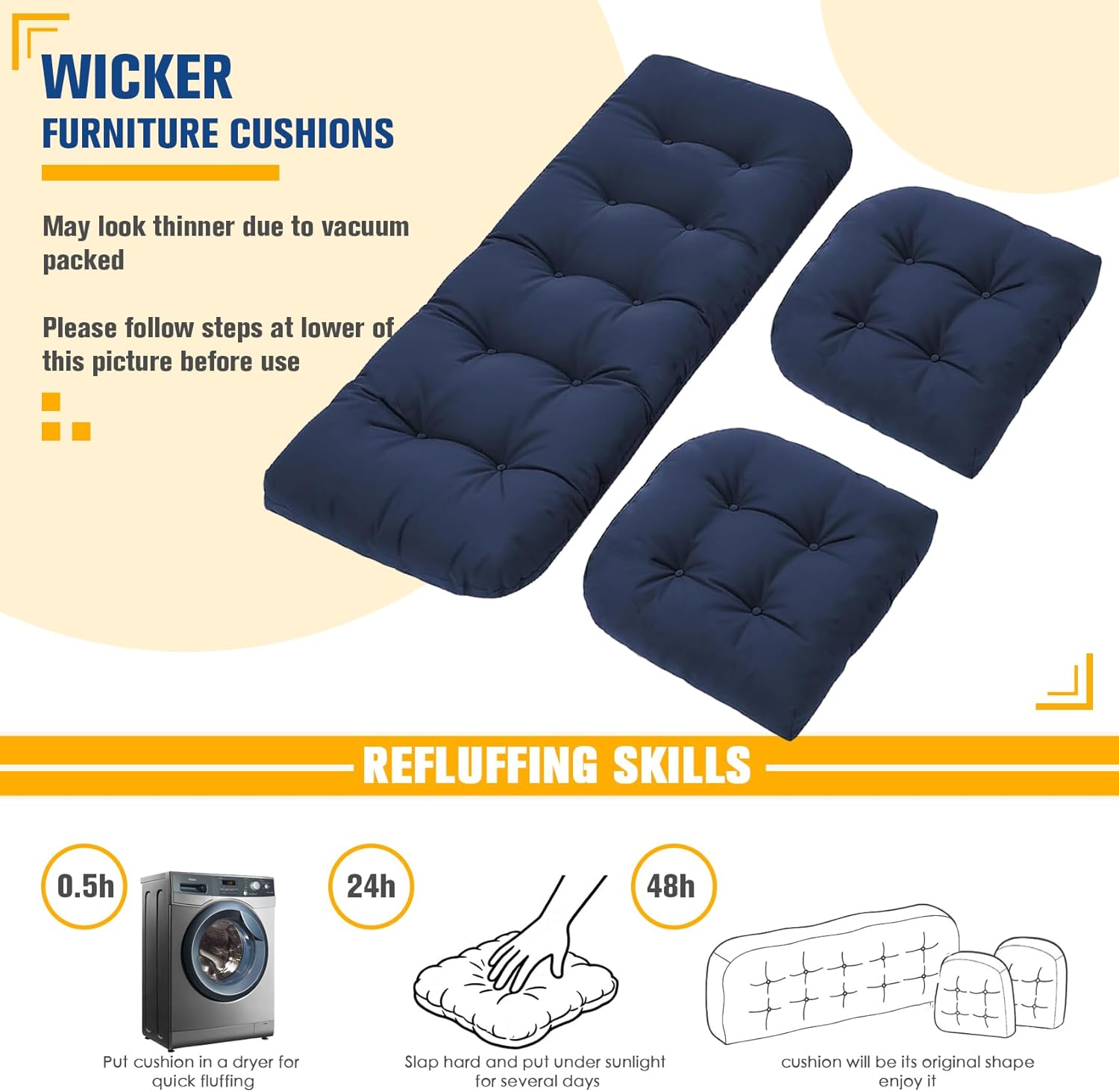 Wicker Furniture Cushions Set, Waterproof Patio Cushions for Outdoor Chairs 3 Pieces, 1 Loveseat & 2 Seat Pads Thick Outdoor Replacement Cushions for Porch Lawn Bench Couch Sofa, Navy Blue