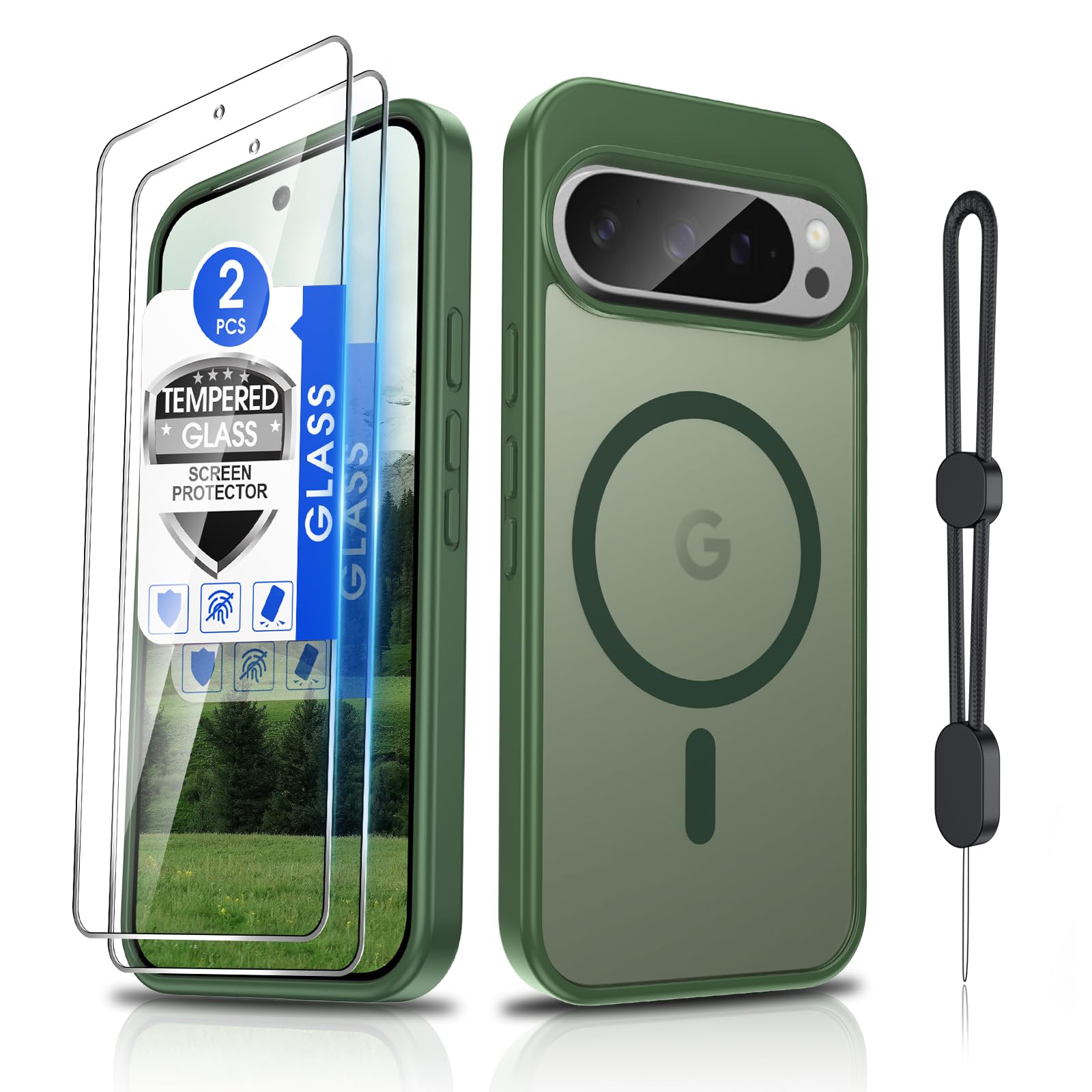 Dizn Magnetic for Google Pixel 9 Pro XL Case:[Not Fit Pixel 9/9 Pro],with Tempered Glass Screen Protector,Strap,[Fit for MagSafe],Matte Translucent,Military Protective,Funda Pixel 9Pro XL,Green