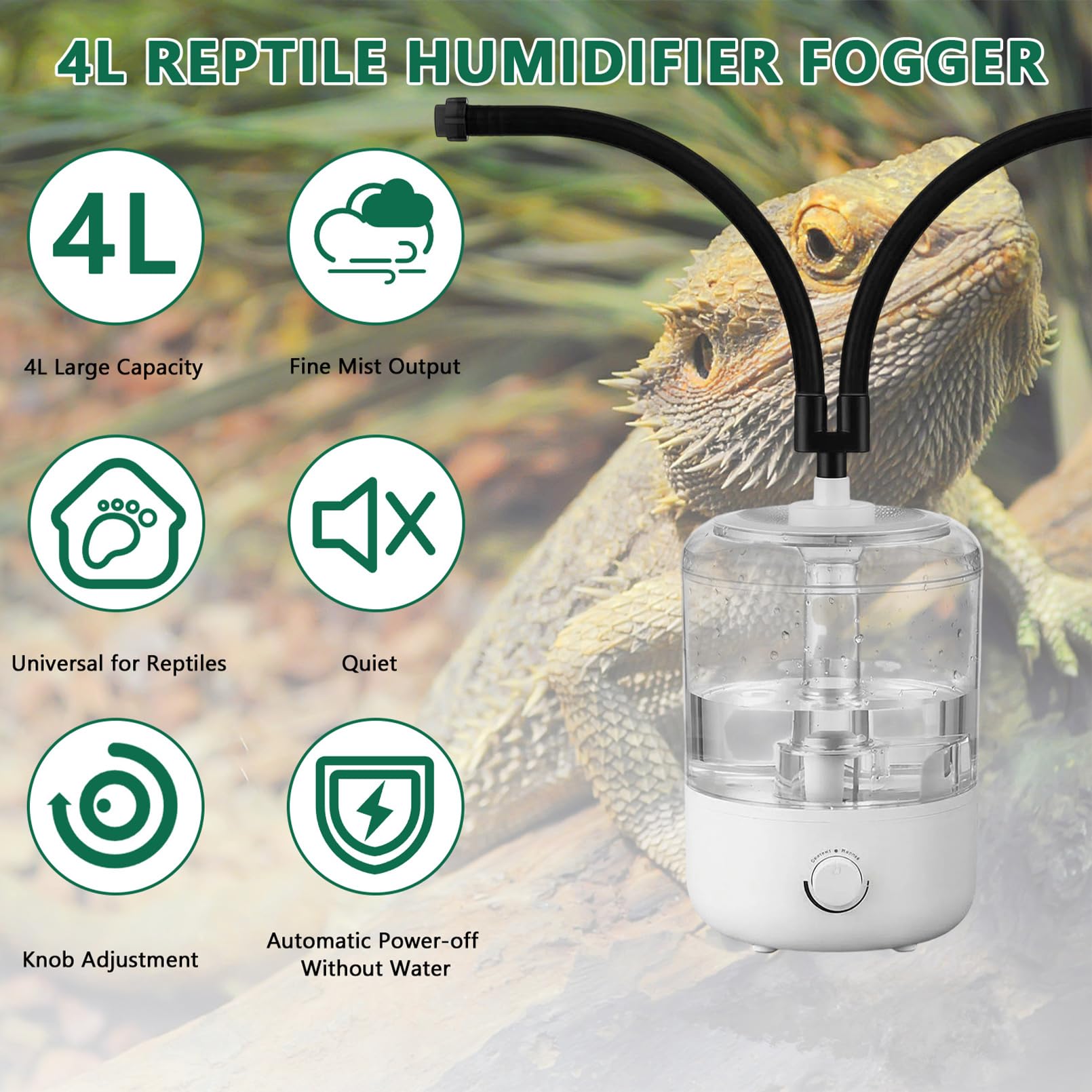 Humidificateur pour reptiles 4 L deux tuyaux grand réservoir tube rétractable brumisateur silencieux haut volume amphibiens plantes humides