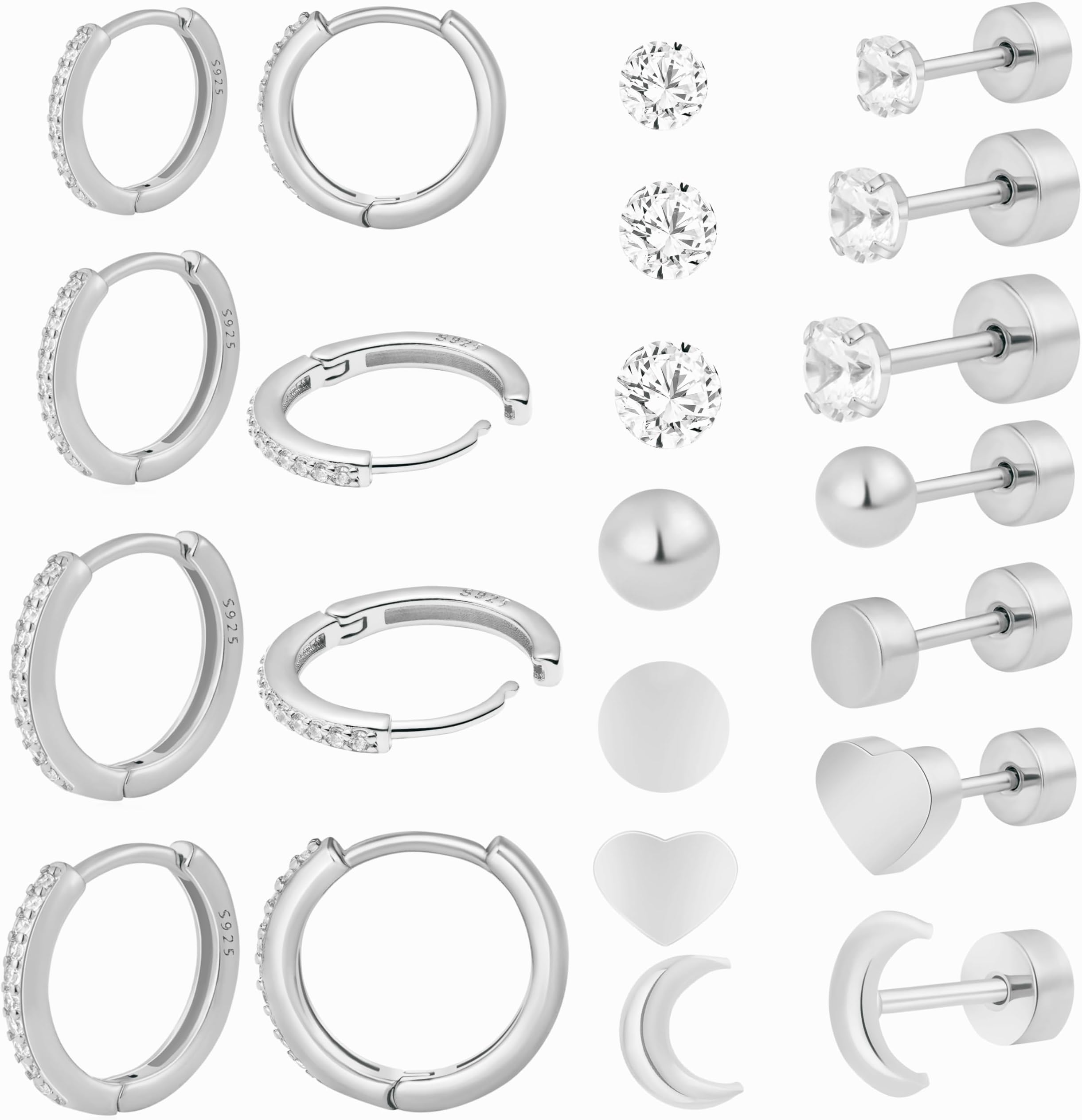 925 Sterling Silver Hypoallergenic Earrings,Small Hoop Earrings Cubic Zirconia Huggie Hoops,Surgical Steel Earrings Set,14K Gold Plated Flatback Heart Ball Moon CZ Studs for Women
