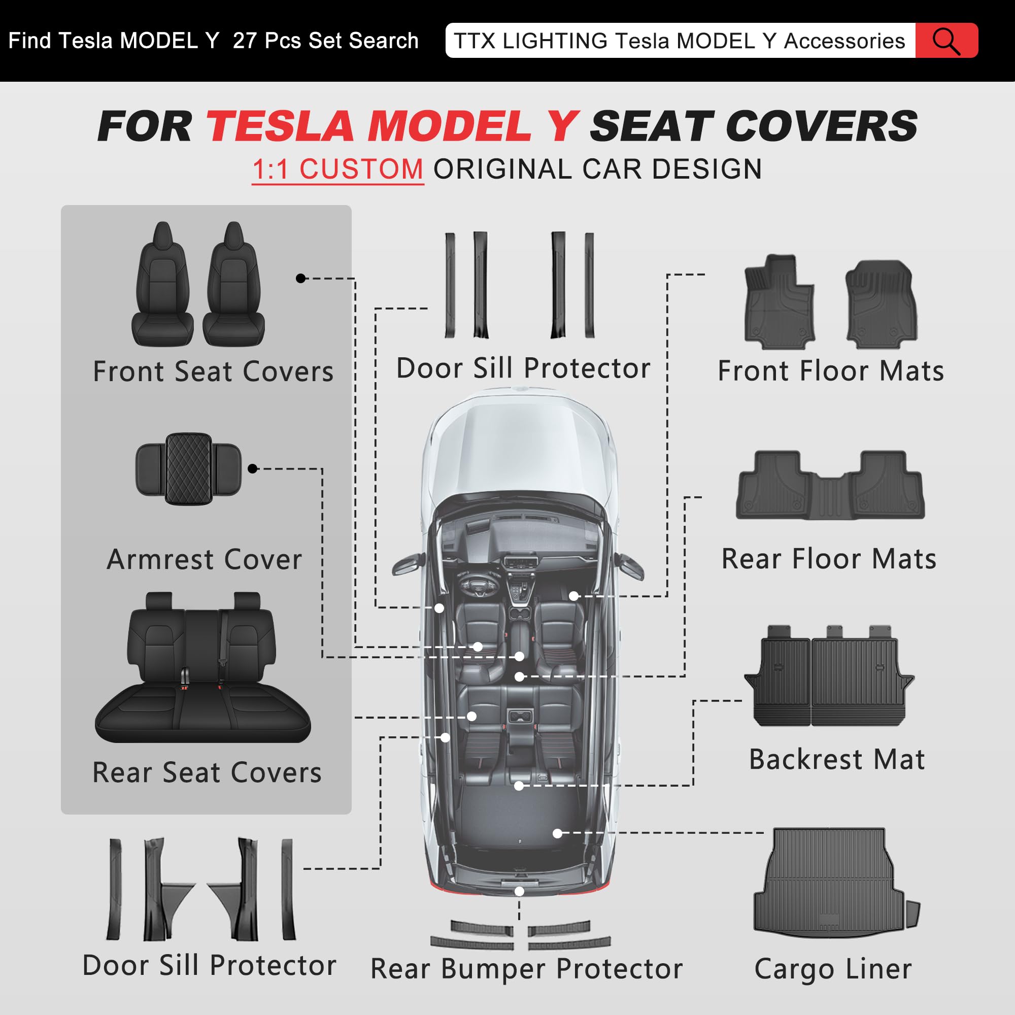 TTX LIGHTING Housses de siège avant sur mesure pour Tesla Model Y 2020-2026