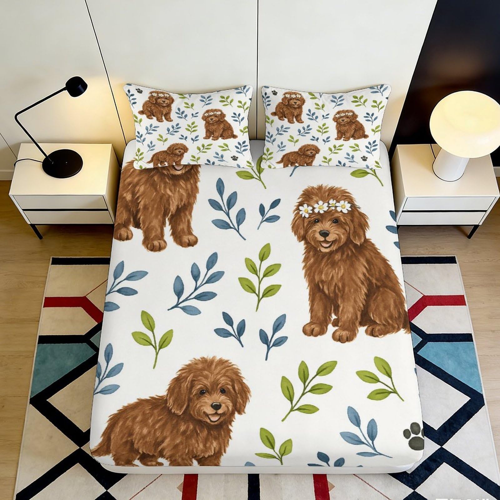 K1r3d9e5 Style-4 3D Printed Brown Puppy Fitted Sheet Microfiber Soft Breathable Leaves Bed Cover For Bedroom Guest Room Decor 90X200x25cm