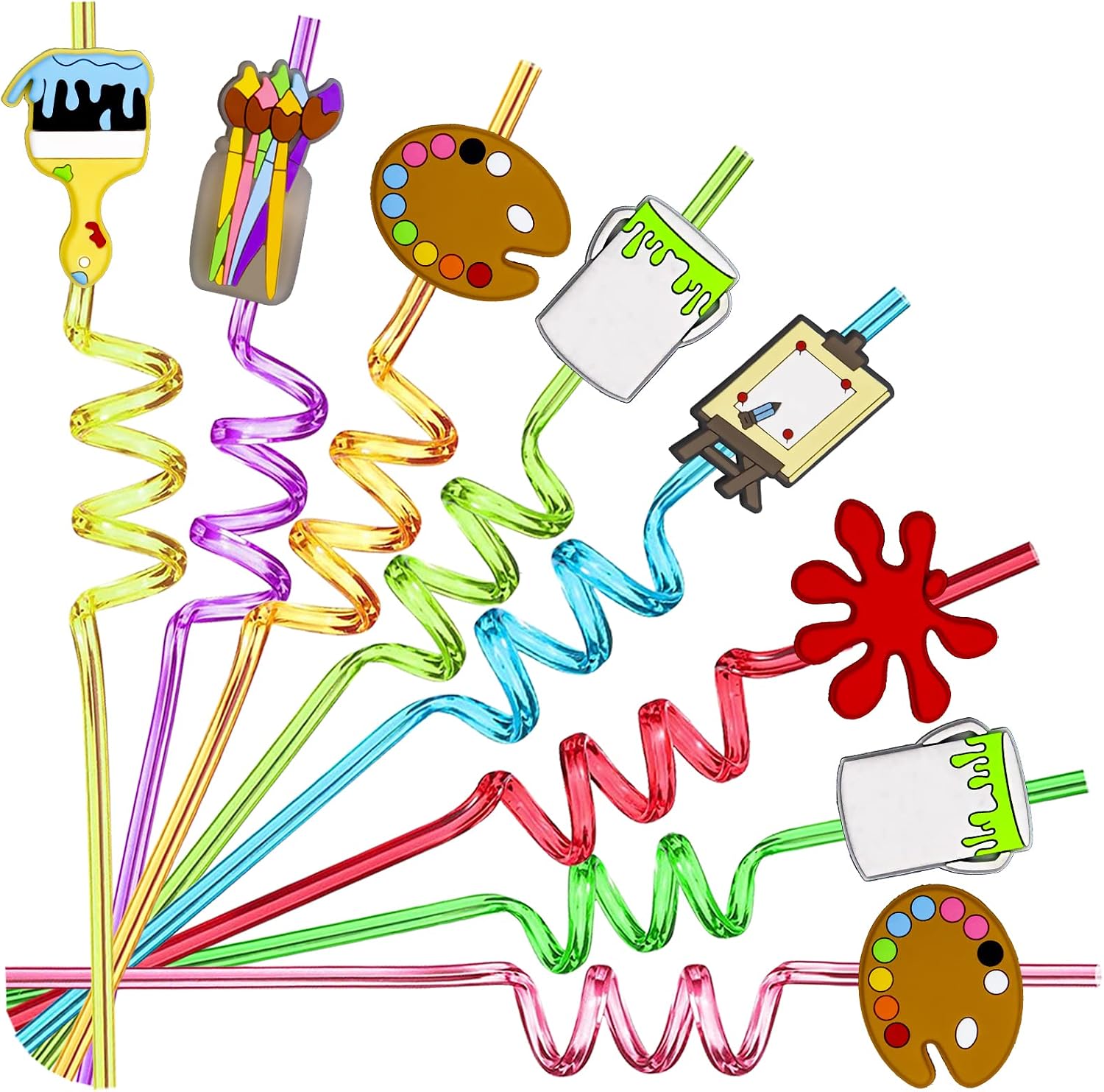24pcs Art Painting Curly Drink Straws, Paint Party Favors, 2 Brushes