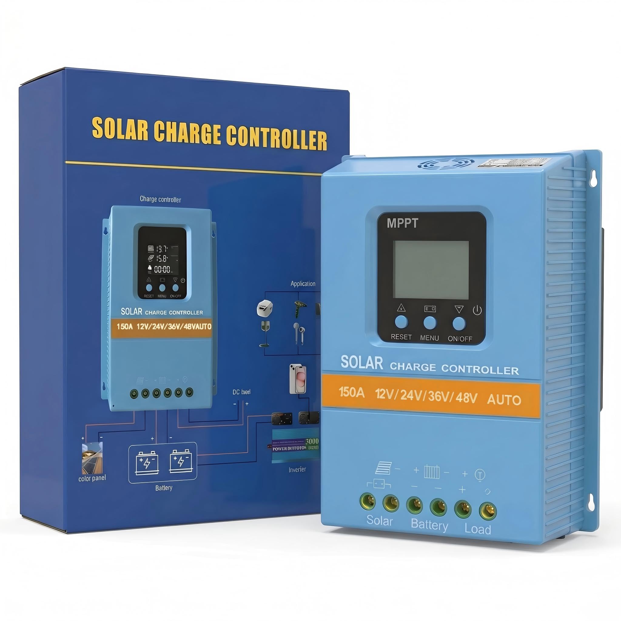 Regulador de carga solar 150A 12V 24V 36V 48V Indicador LCD de reconocimiento inteligente Regulador inteligente de batería Máx. 100V Entrada doble USB para baterías de plomo/litio