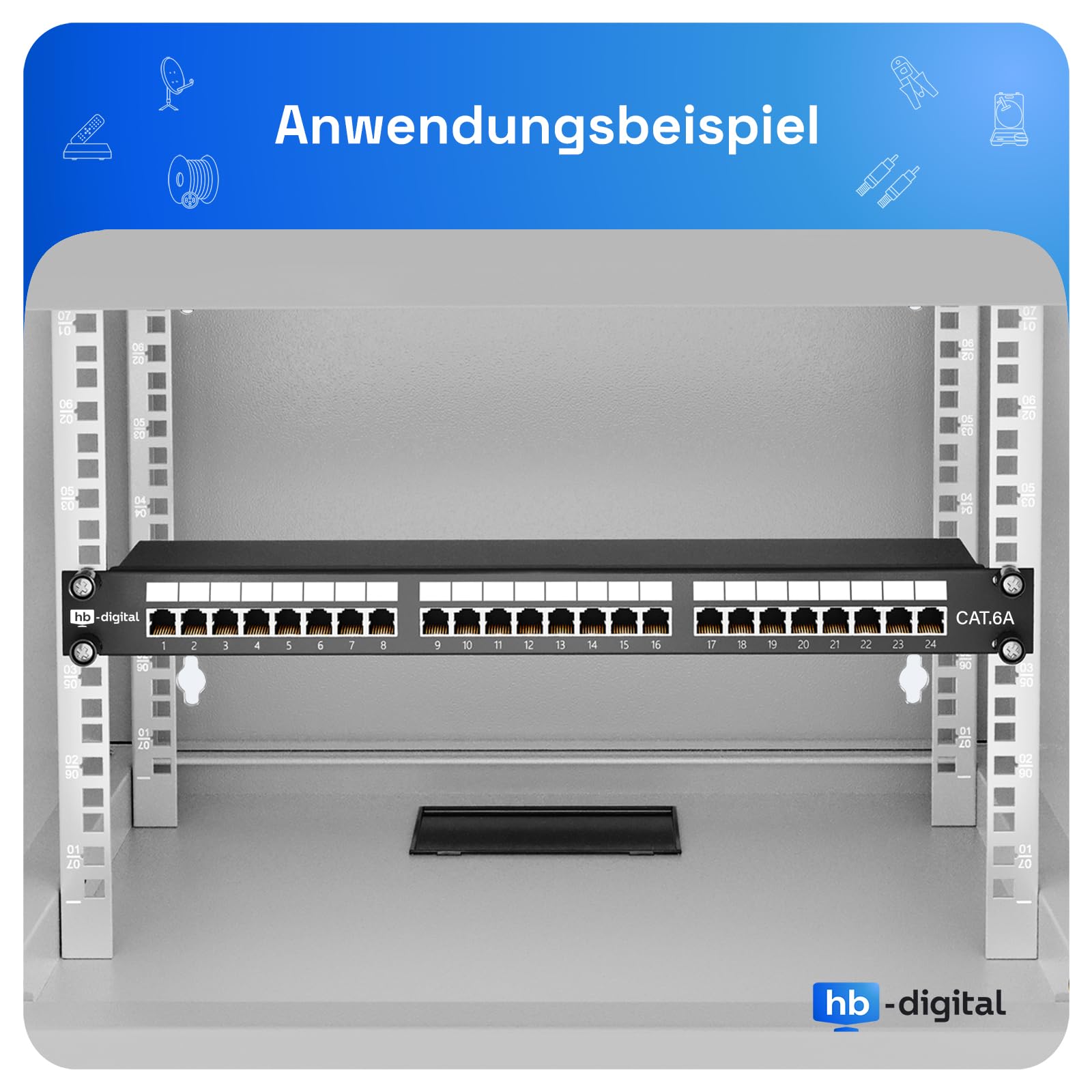 HB-DIGITAL Panneau de brassage CAT 6a - 19" - 24 ports - 10 Gbps - Entièrement blindé - Connecteurs RJ45 - Bornes de coupe AWG 22-26 TIA568A + support TIA568B PoE++ - Noir