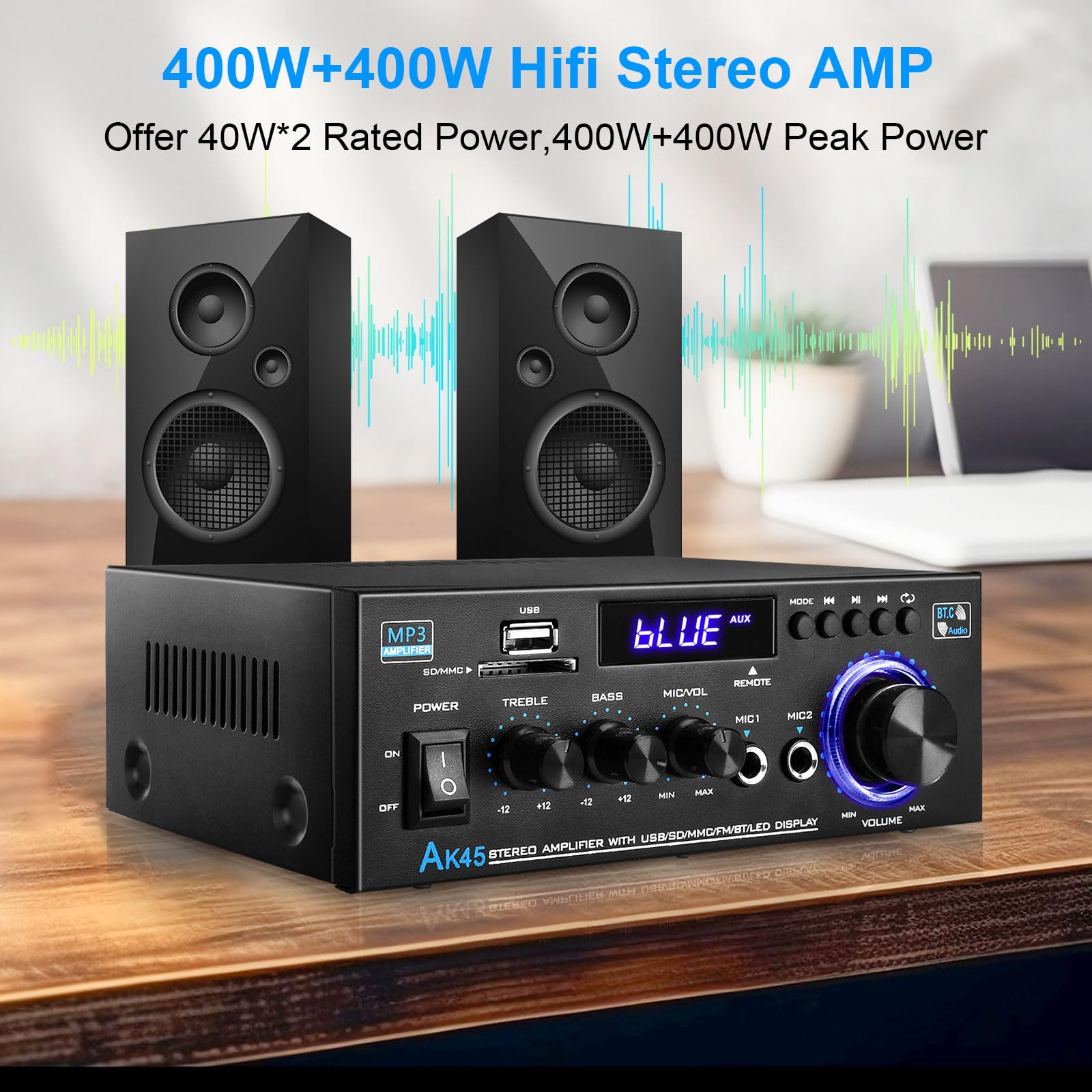 Hifi Verstärker - KKMOL Stereo Verstärker, AK45 Mini Bluetooth Radio Audio Verstärker Receiver, Wiimp Amp,12V/ 220V 400W 2 Kanäle Digitale Endverstärker Soundverstärker mit USB, SD Card, Fernbedienung