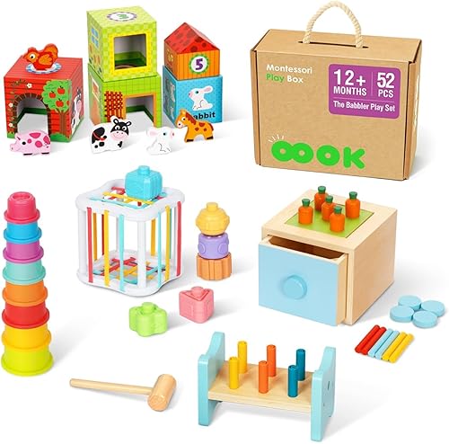 OOOK Juguetes Montessori para niños de 1 año, kit educativo de aprendizaje 7 en 1 con cubo sensorial, caja de anidación, caja educativa 3 en 1,