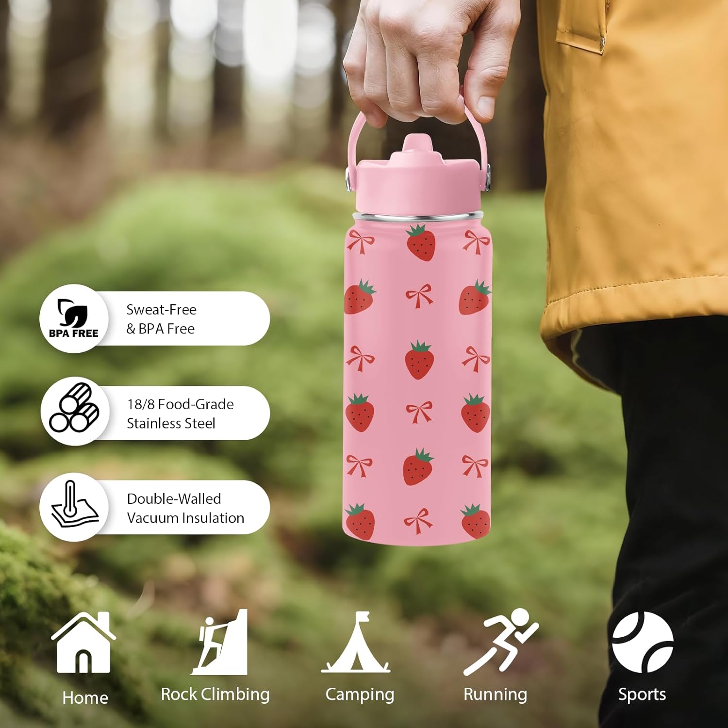 Strawberry Water Bottle Gifts for Women - 32oz Strawberry Themed Insulated Water Bottle with Straw - Christmas Birthday Gifts for Strawberries Lover - Strawberries Bowknot Stainless Steel Coffee Cup - Image 7