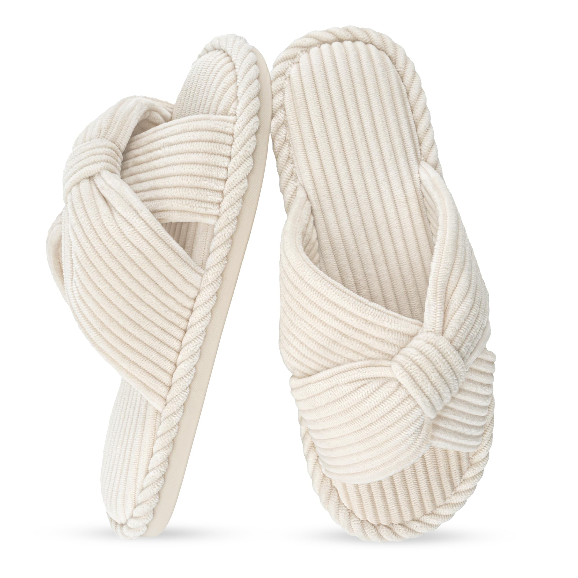IPSAE House Slippers for Woman Memory Foam Open Toe Slippers Corduroy Cross Bow Womens Slipper Slides Comfy Indoor Bedroom Slip On Shoes