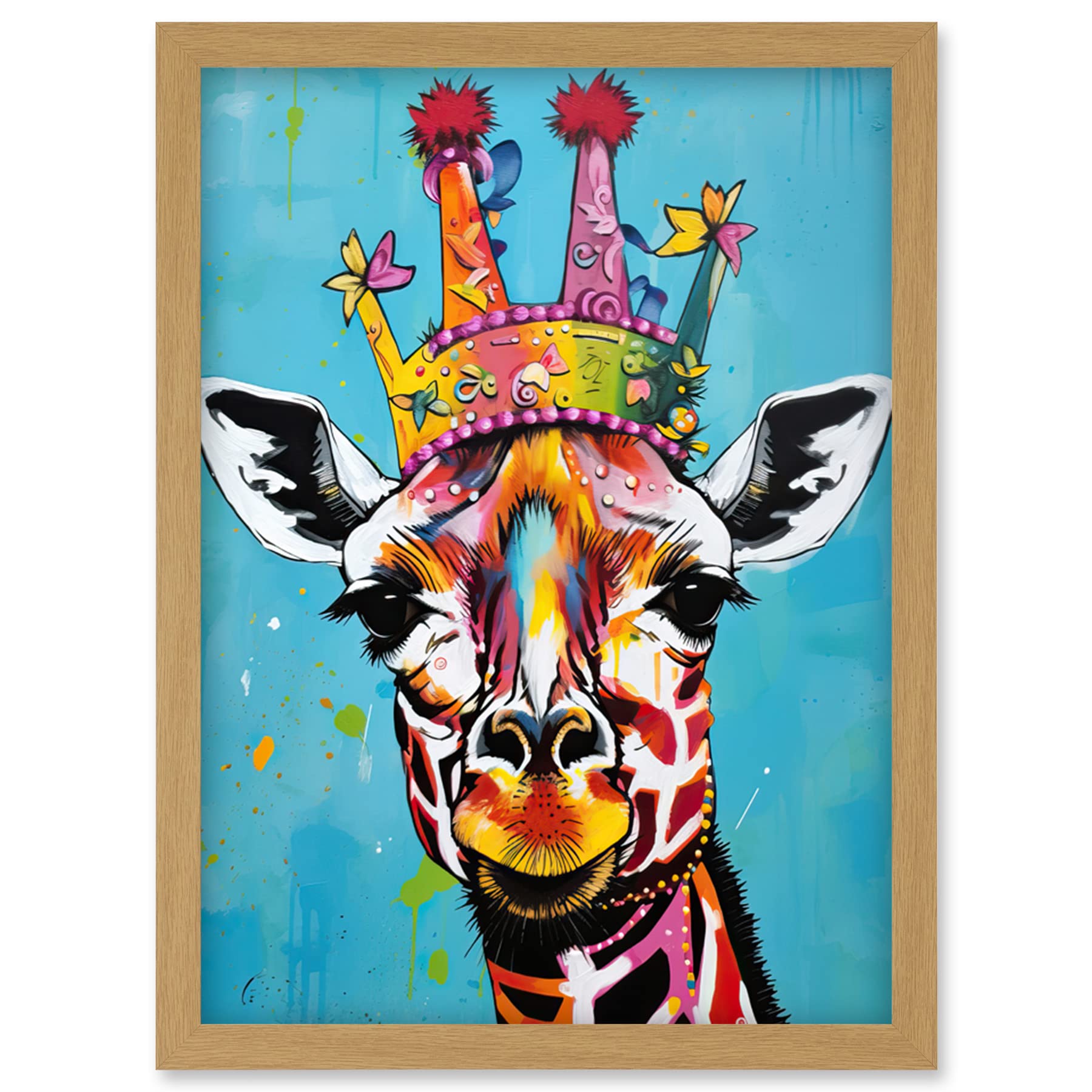 Artery8 Giraffe Wearing Princess Crown Modern Folk Art Artwork Framed Wall Art Print A4