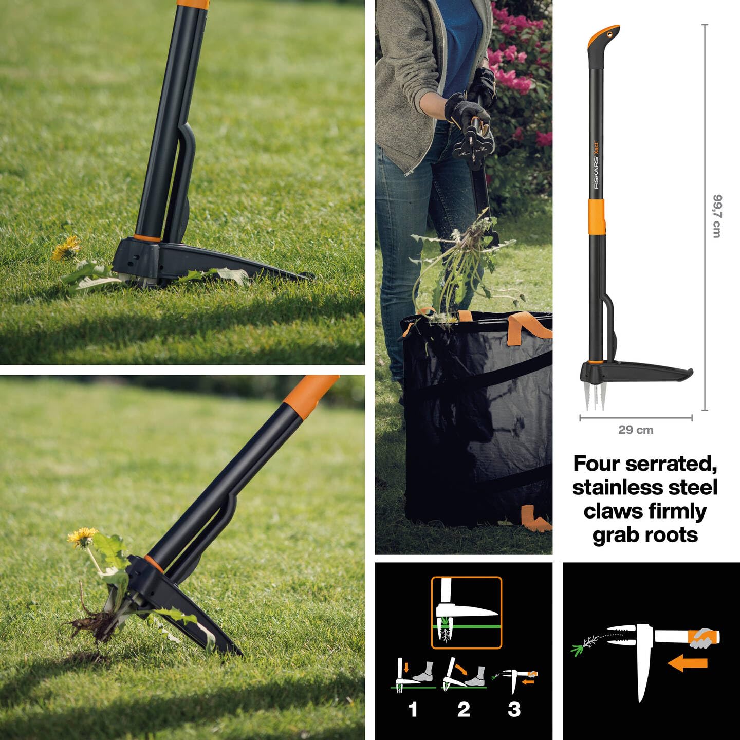 Fiskars Xact Unkrautstecher, Länge: 1 m, Rostfreie Stahl-Arme/Kunststoff-Griff, Schwarz/Orange, Kartoneinzelverpackung, 1077305