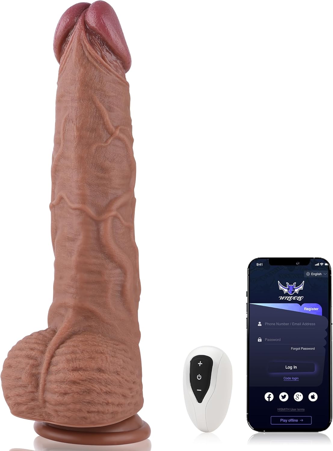 Wildolo 3' Huge Silicone Dildo with Wide Ball, Thick Brown 14' Long with App Controlled Vibrating, Wild Large Dildo with Dual Density & Strong Suction Cup Adult Sex Toy