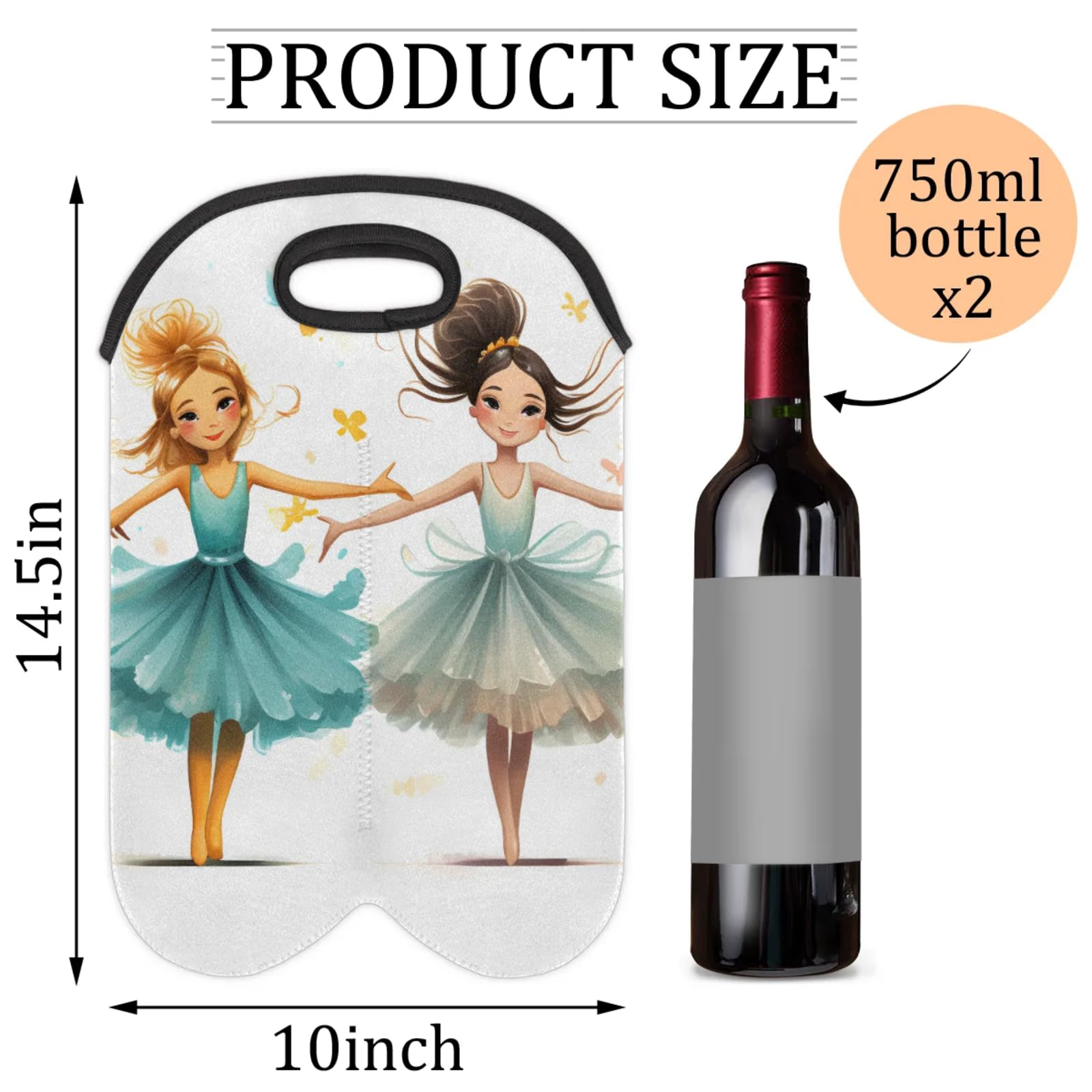 GzLeyigou 2 Bottles Dance Ballet Wine Bag Sleeve Totes Four Girls Neoprene Protective Wine Carrier Bag for Wine,Water, Champagne, Beer, Baby Bottles,Gift 14.5 x 10 Inches