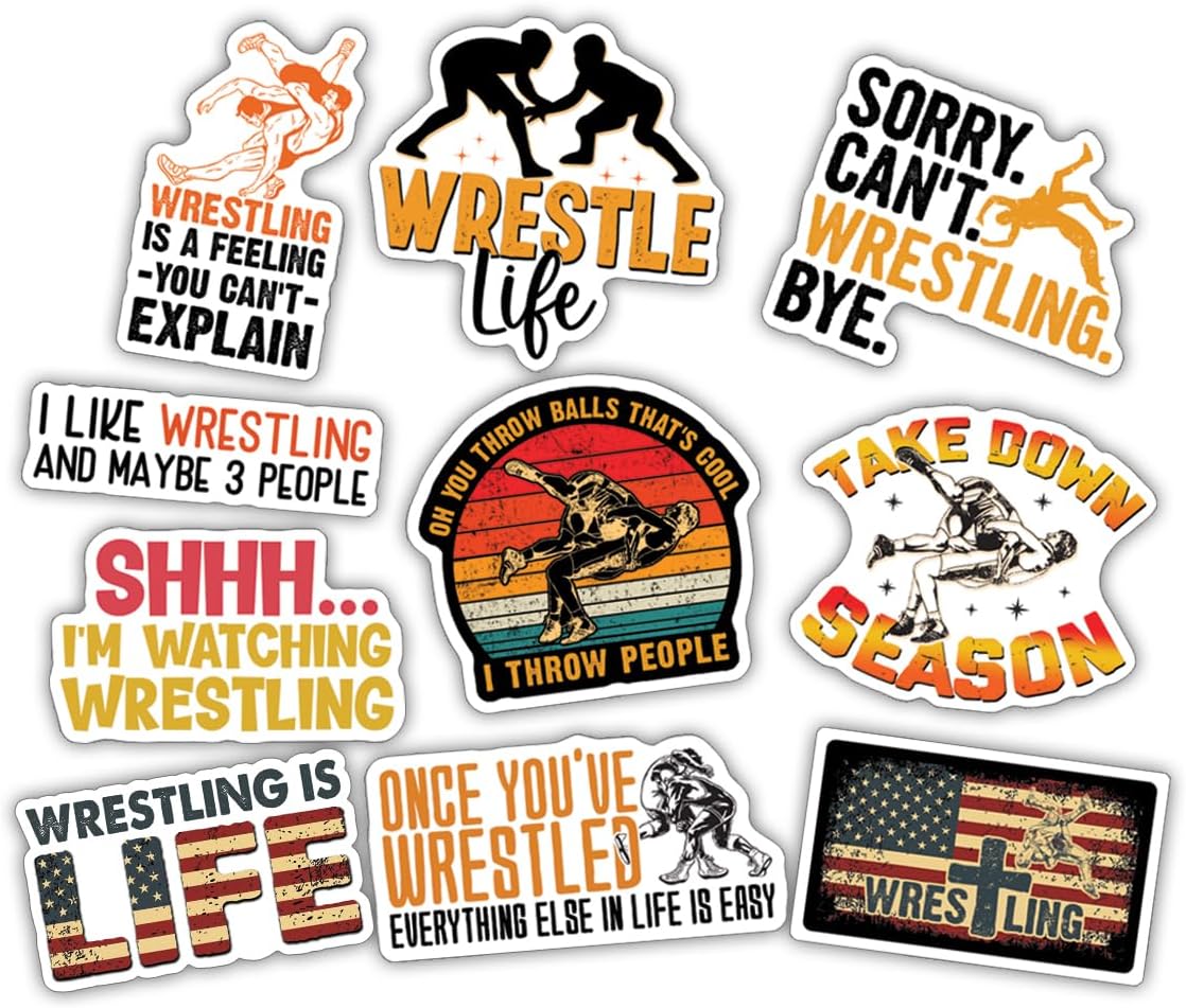 10pcs Wrestling Sticker Sheet, Funny and Cute Vinyl Decals for Wrestlers, Teams, and Coaches, Waterproof, UV-Resistant, for Laptop, Water Bottle, Journal, Locker, Phone Case