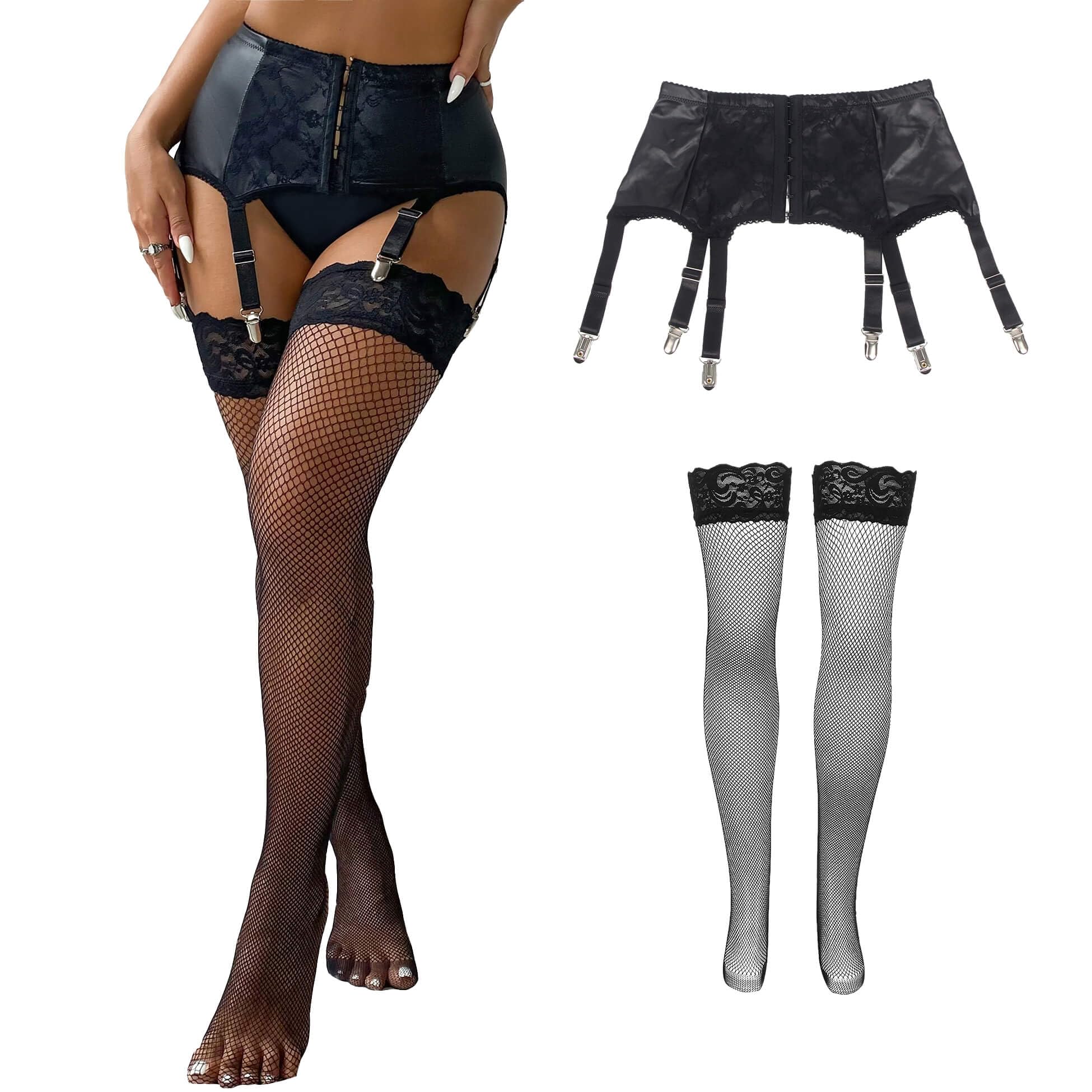 ohyeahlady strumpebandshållare i plusstorlek, låg och strumpebandshållare, set med strumpeband i konstläder metallklämma, nätstrumpor, självfixerande chic varm outfit - XXL - svart