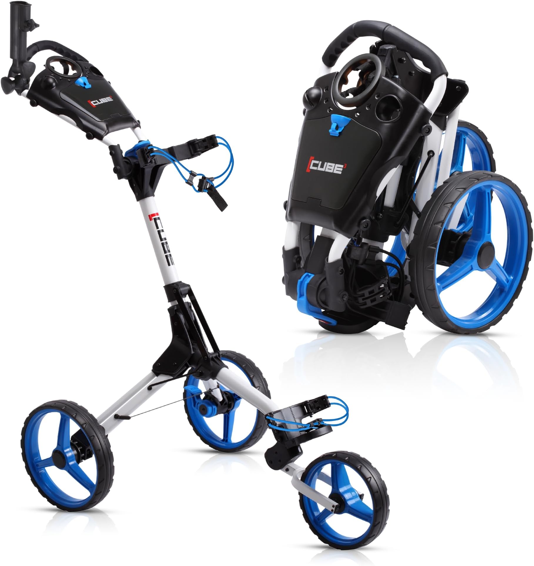 CUBE CART 3-Wheel Golf Push Cart – Ultra-Compact 14.5 lb Folding Golf Trolley, Two-Step Fold, Adjustable Handle, Foot Brake, Umbrella Holder & Built-in Storage