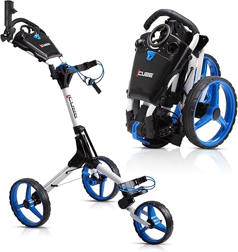 CUBE CART Carrito de golf de 3 ruedas – dos pasos de apertura/cierre – Carrito de golf ligero plegable más pequeño del mundo – ¡Elige color!