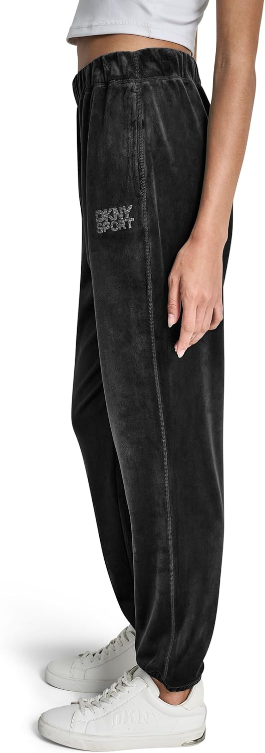 DKNY Womens High Rise Relaxed Cuff Rhinestone Logo Novelty Velour Sweatpant - Image 3