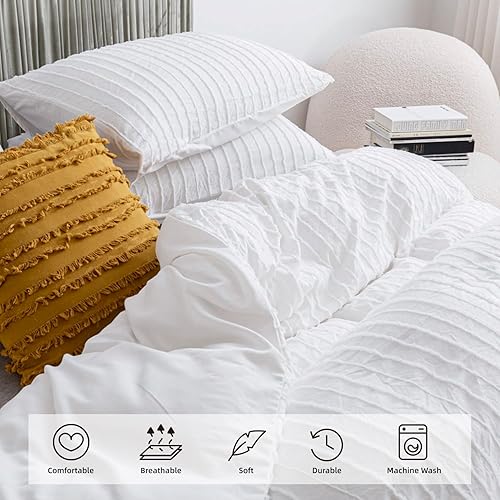 Miniatura 2 de JELLYMONI Funda de edredón blanca brillante tamaño individual  Juego de funda de edredón de microfibra copetuda de 3 piezas, funda de edredón