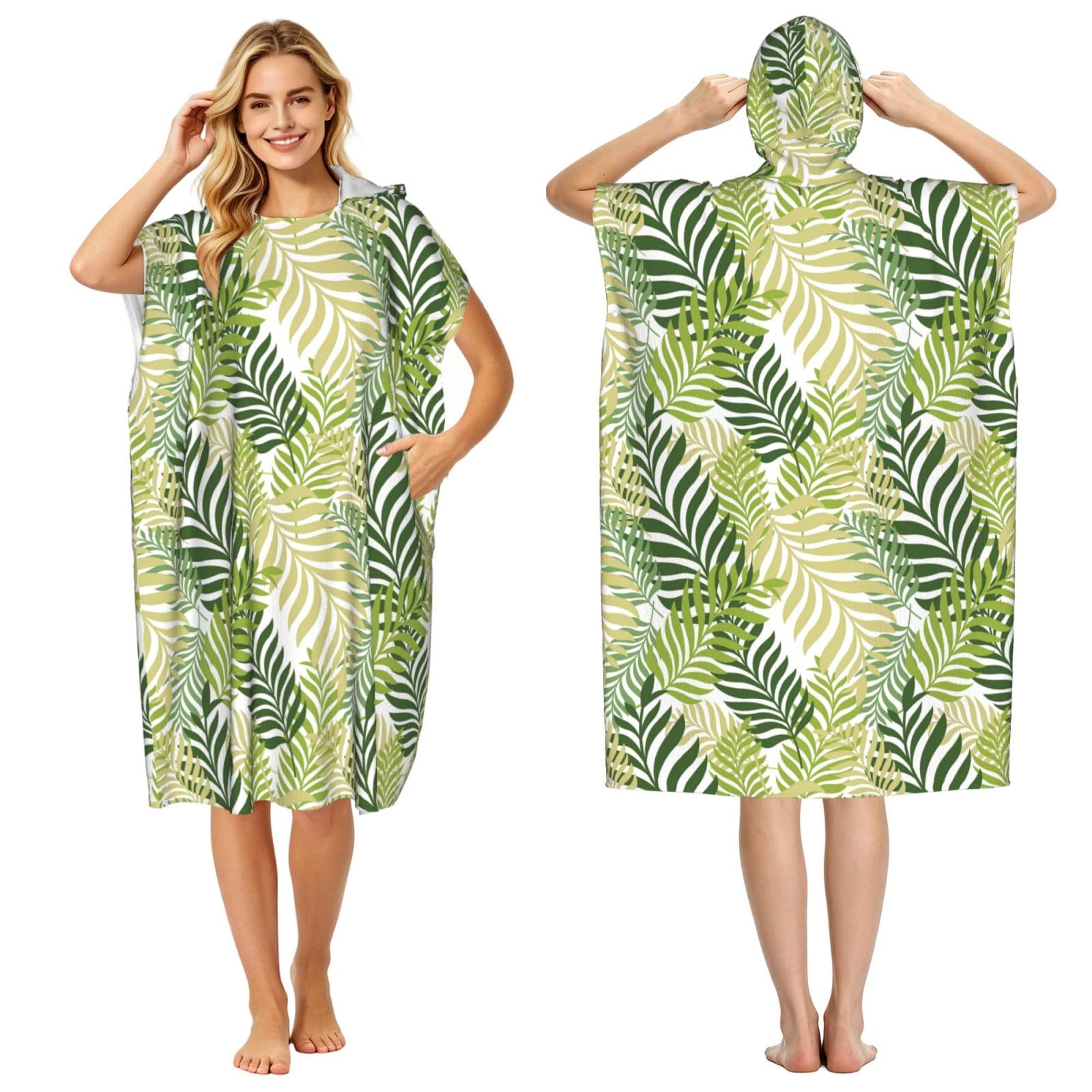 Poadnly Tropical Exotic Palm Tree Leaves, Adult Hooded Beach Towel 90 x 110 cm,Changing Bath Robe, Surf Poncho Towel For Women Men