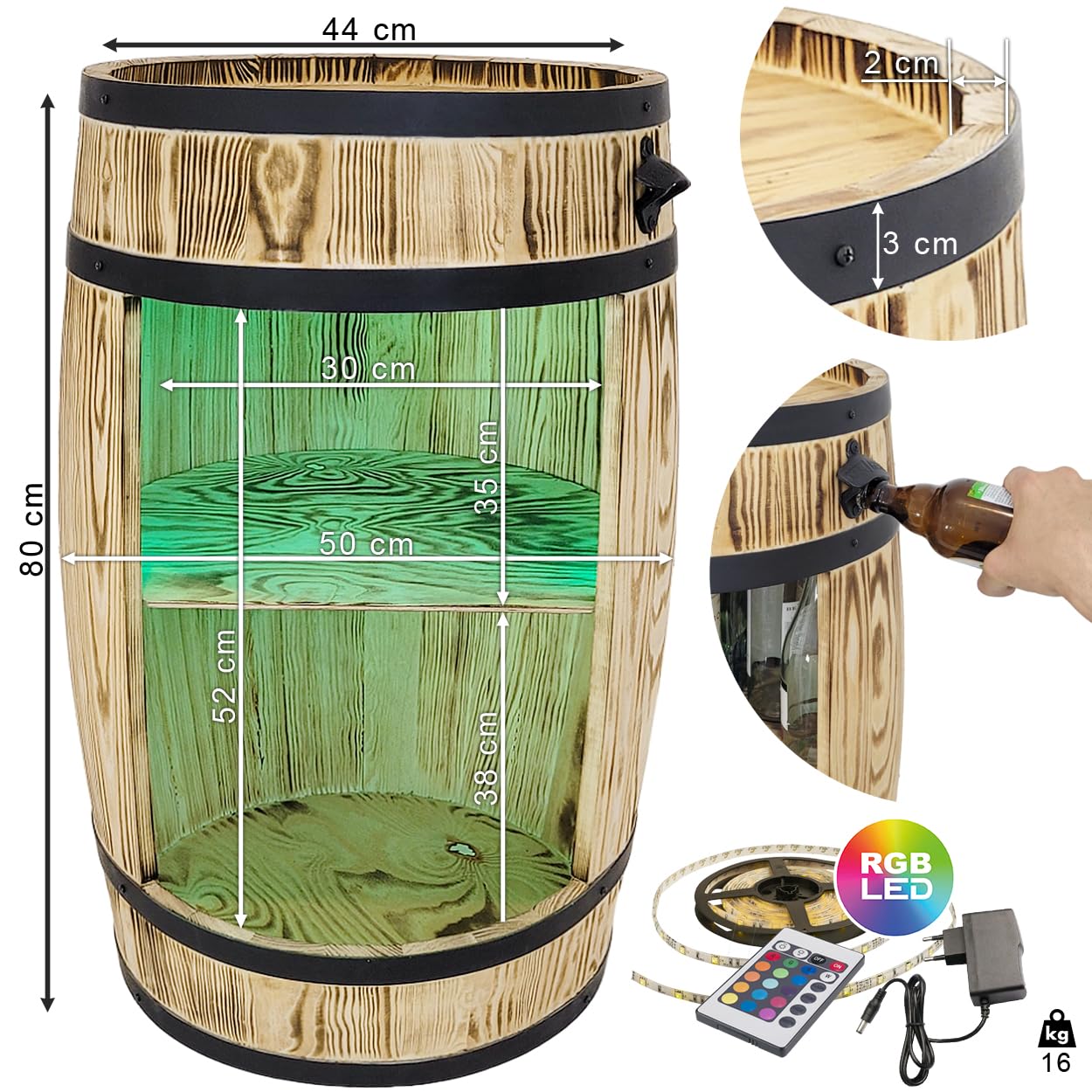 Weeco Armadietto per Vino a LED RGB - Scaffale in Legno - Bar Elegante - Supporto per Bottiglie - Mobile Barile in Legno - 80 x 50 cm