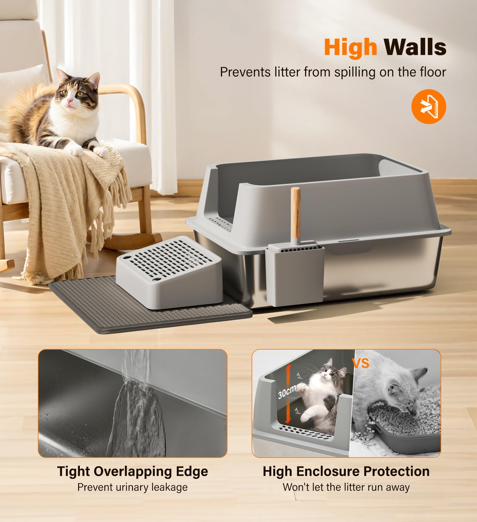 Edelstahl Katzenklo XXL – 60x30x40 Cm, Mit Pedal, Schaufel, Matte, Auslaufsicher, Leicht Zu Reinigen