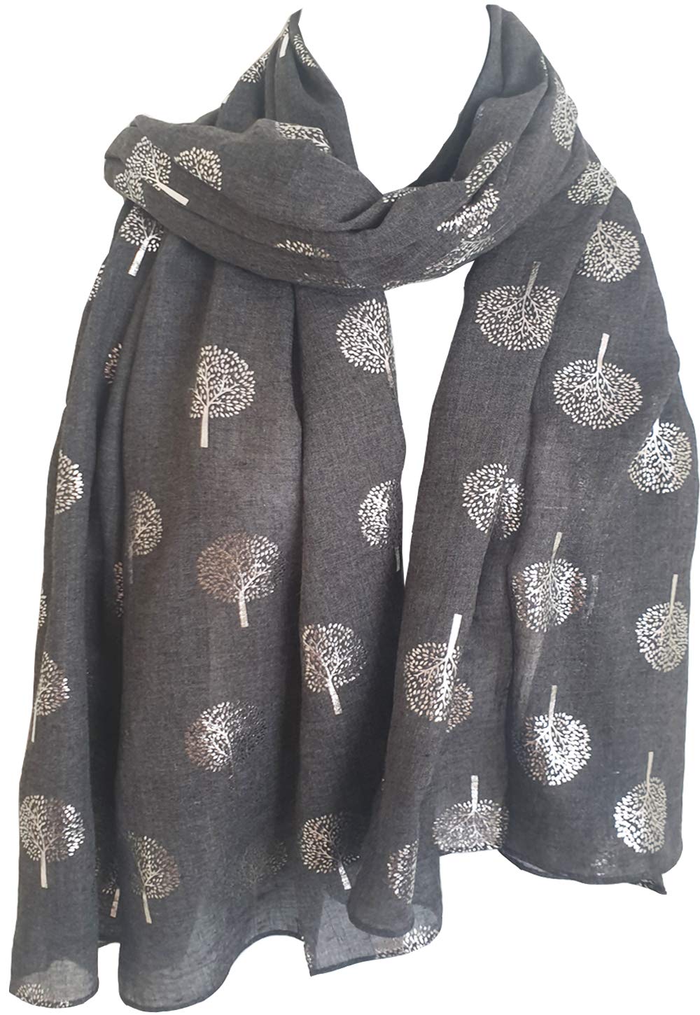 GlamLondon Glitter Mulberry Trees Scarf Womens Foil Printed Tree Fashion Ladies Wrap (Grey Dark)