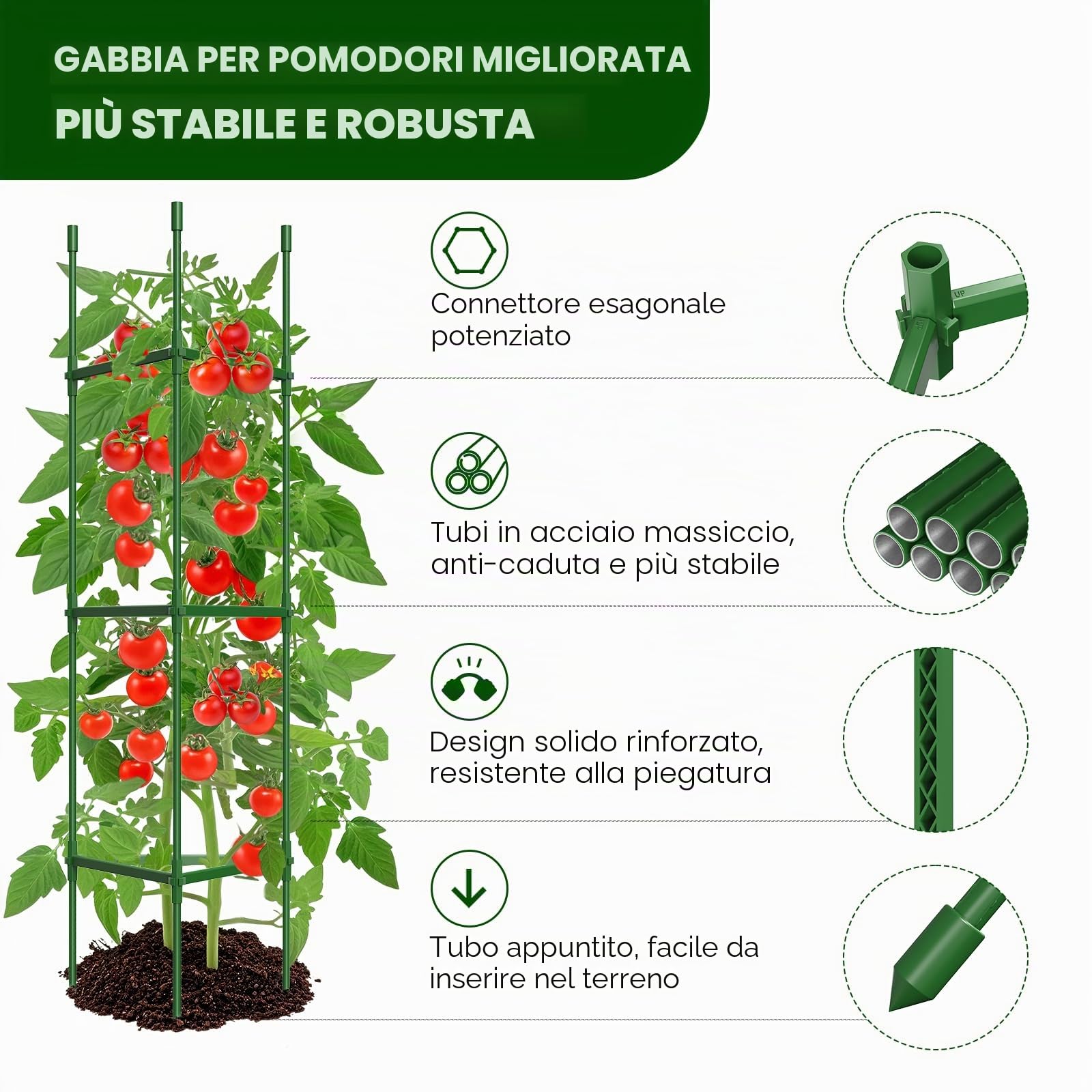 Traliccio per Pomodori, 6 Pezzi, Fino a 130 cm di Altezza, Connettori Esagonali Migliorati, Robusti, Supporti per Pomodori Regolabili per Aiuole Rialzate, Pomodori, Rose, Giardino