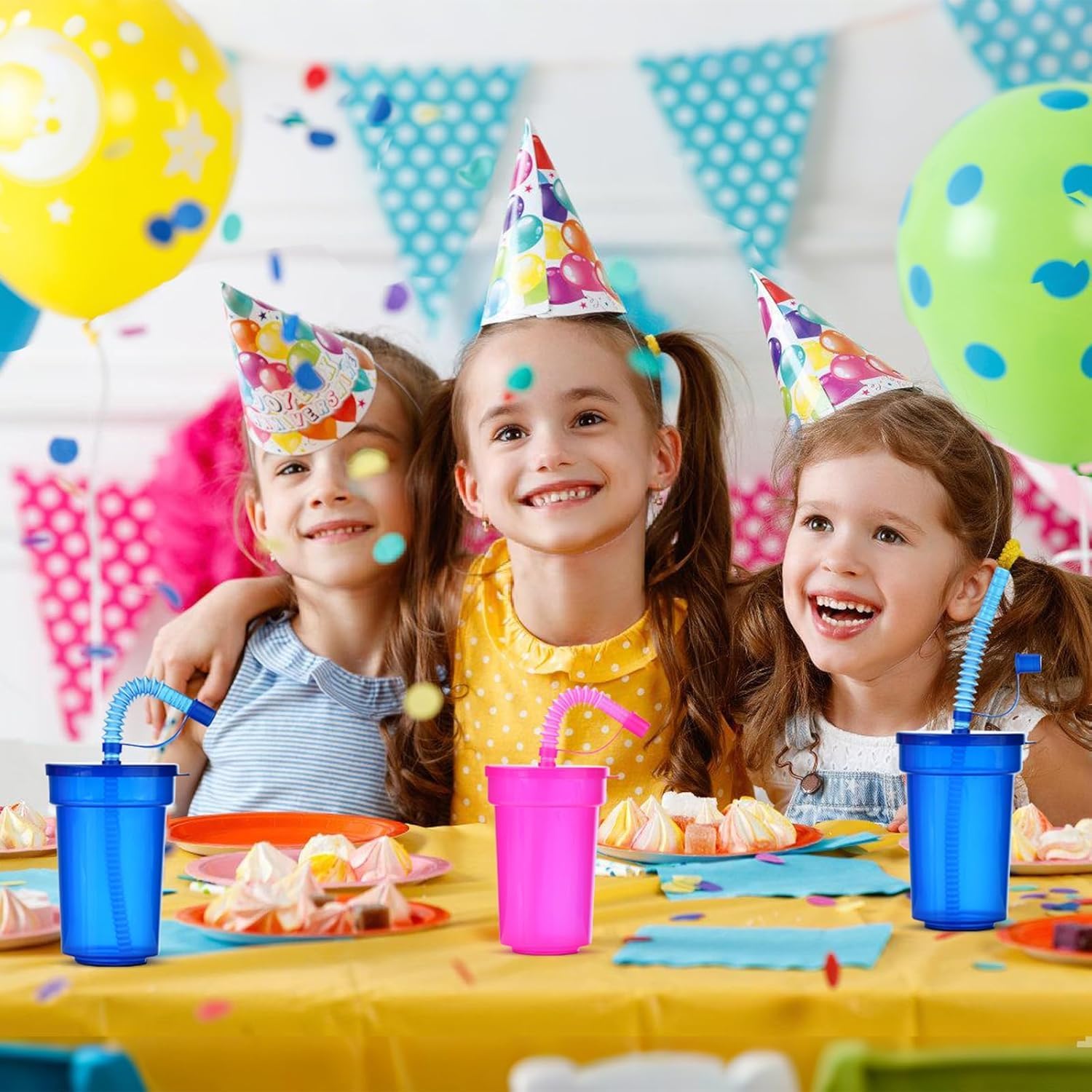 Haundry 12 Pack Kids Party Cups with Lid and Straws, Colorful Plastic Sipper Party Favors Cups for School Events and Birthday Celebrations Supplies - Image 5