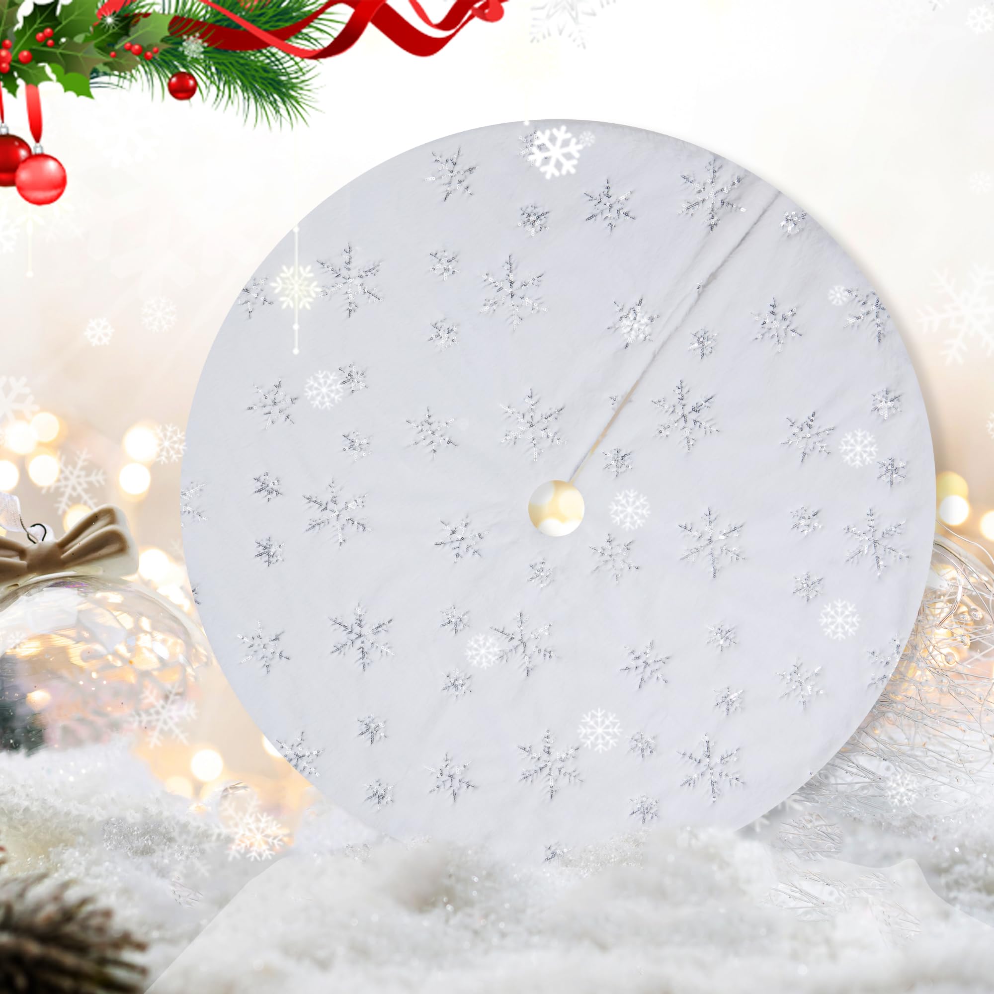 Falda Árbol de Navidad, Falda para Árbol de Navidad Redonda, Faldon Arbol Navidad Blanca 90cm, para Decoración Debajo del árbol de Navidad
