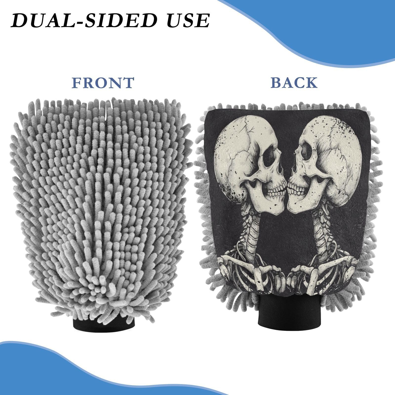 ALAZA Skull Valentine Car Wash Mitt Scratch Free, 2 Pack Absorbent Microfiber/Chenille Washing & Drying Mitts, M